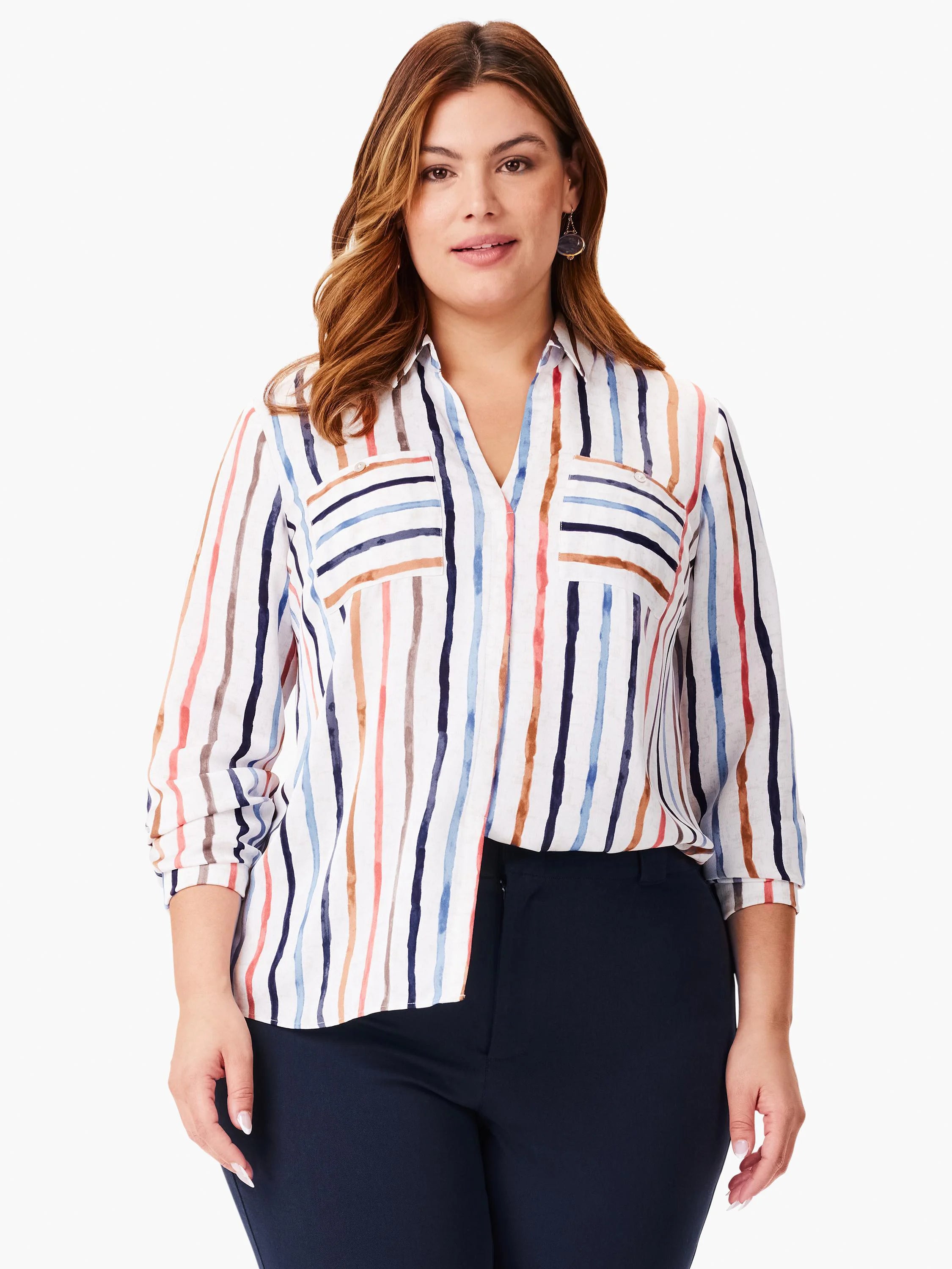 White V-neck collared top with vertical painted stripes in navy, blue, coral, and brown. Sleeves rolled to 3/4 length.