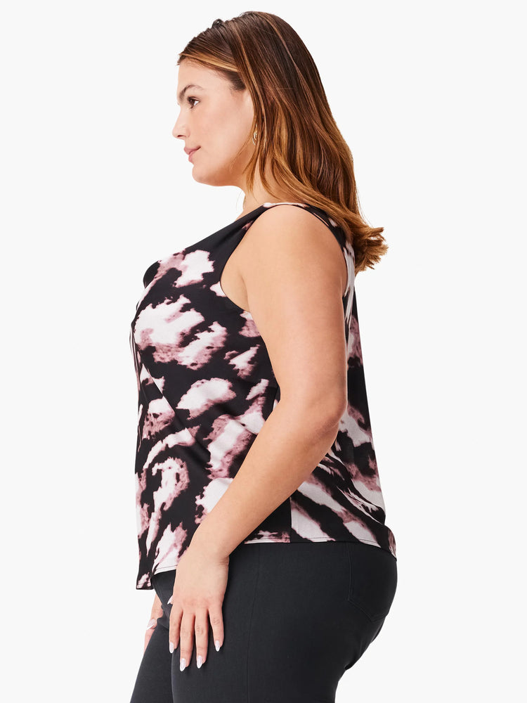 Sleeveless tank top; mauve, black, and white abstract print. Scoop neck.