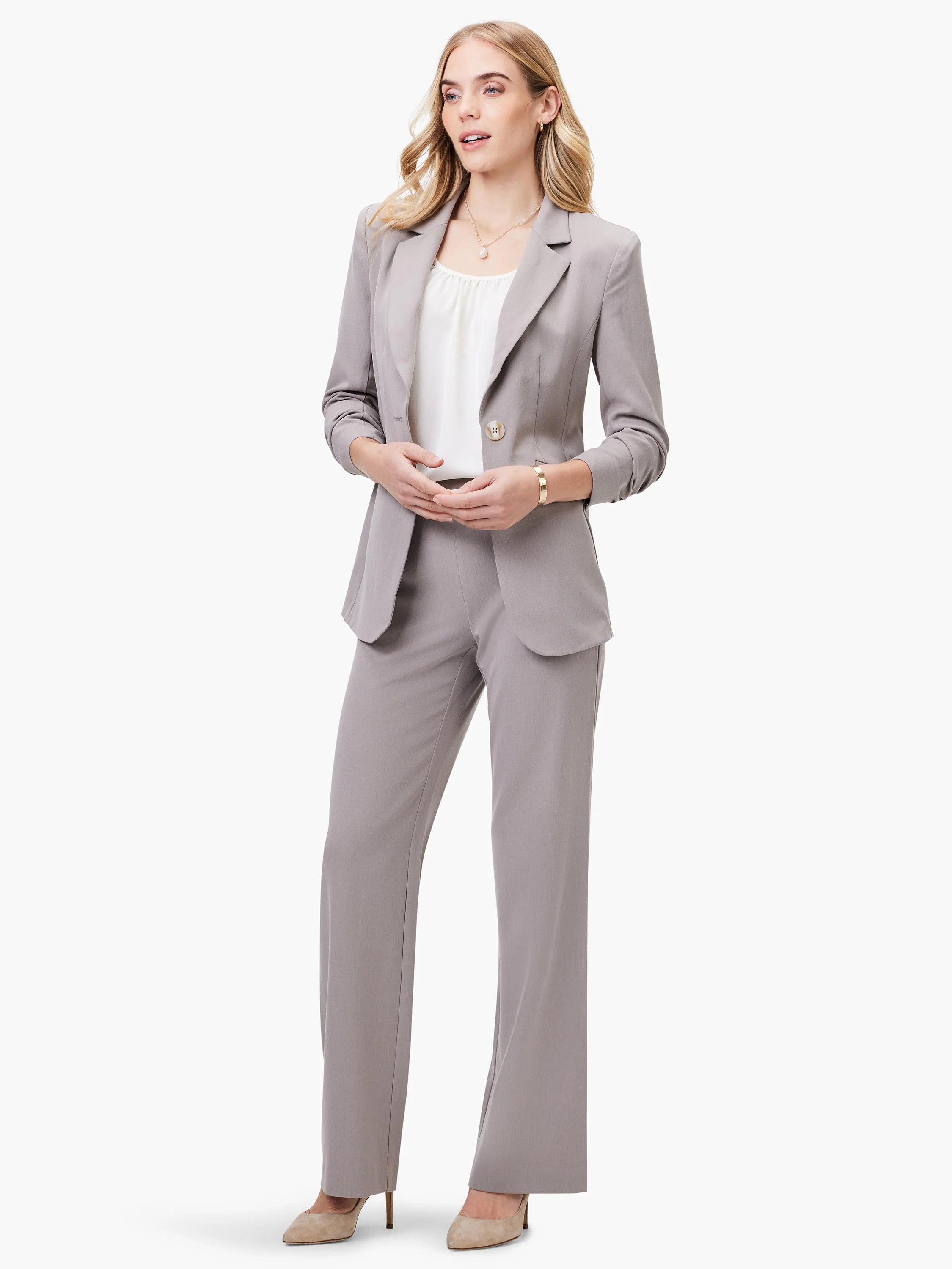 White satin chiffon scoop tank with gentle gathers at the neckline and a soft drape.