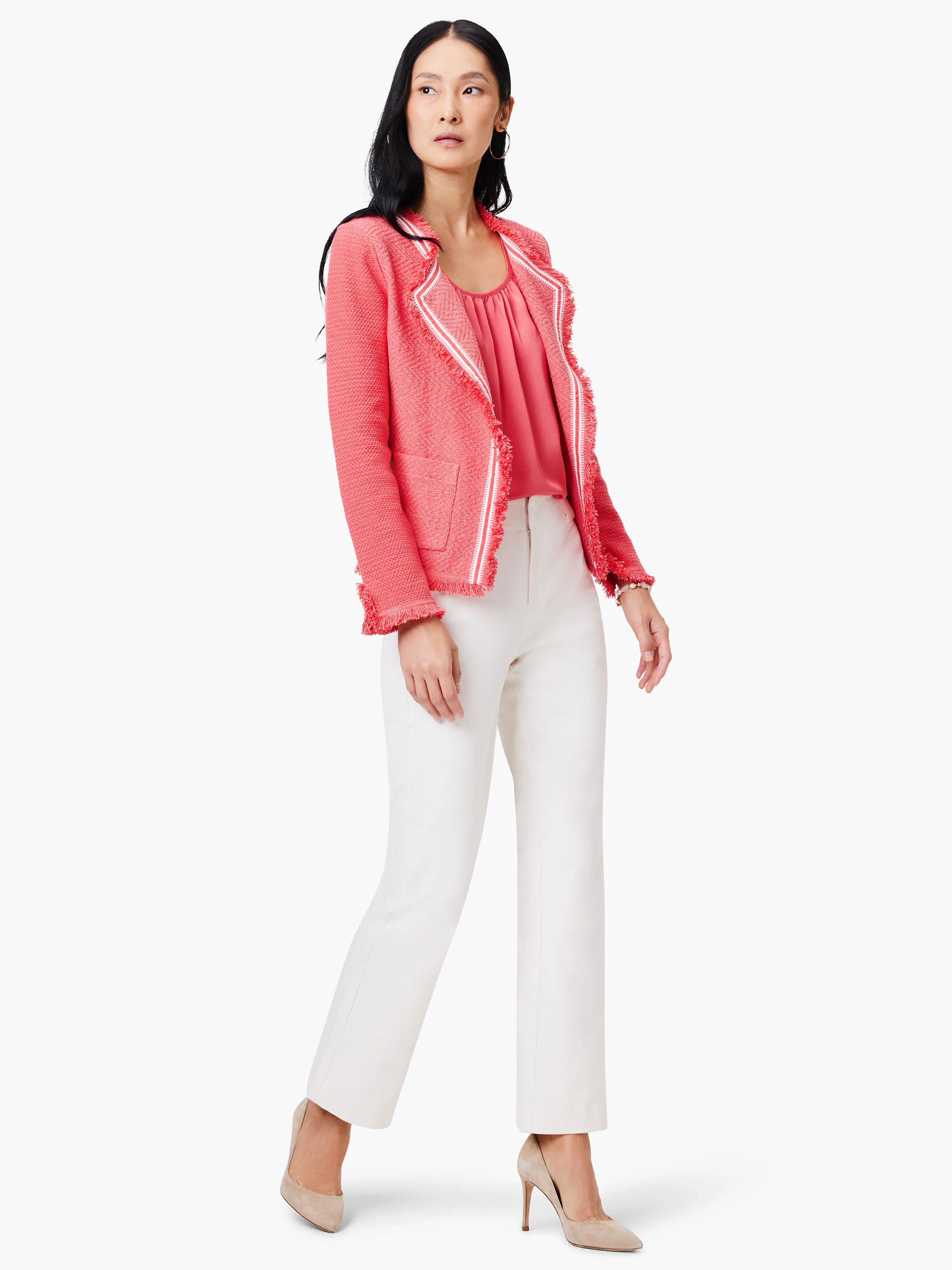 Coral pink satin chiffon scoop neck tank top with soft gathers.