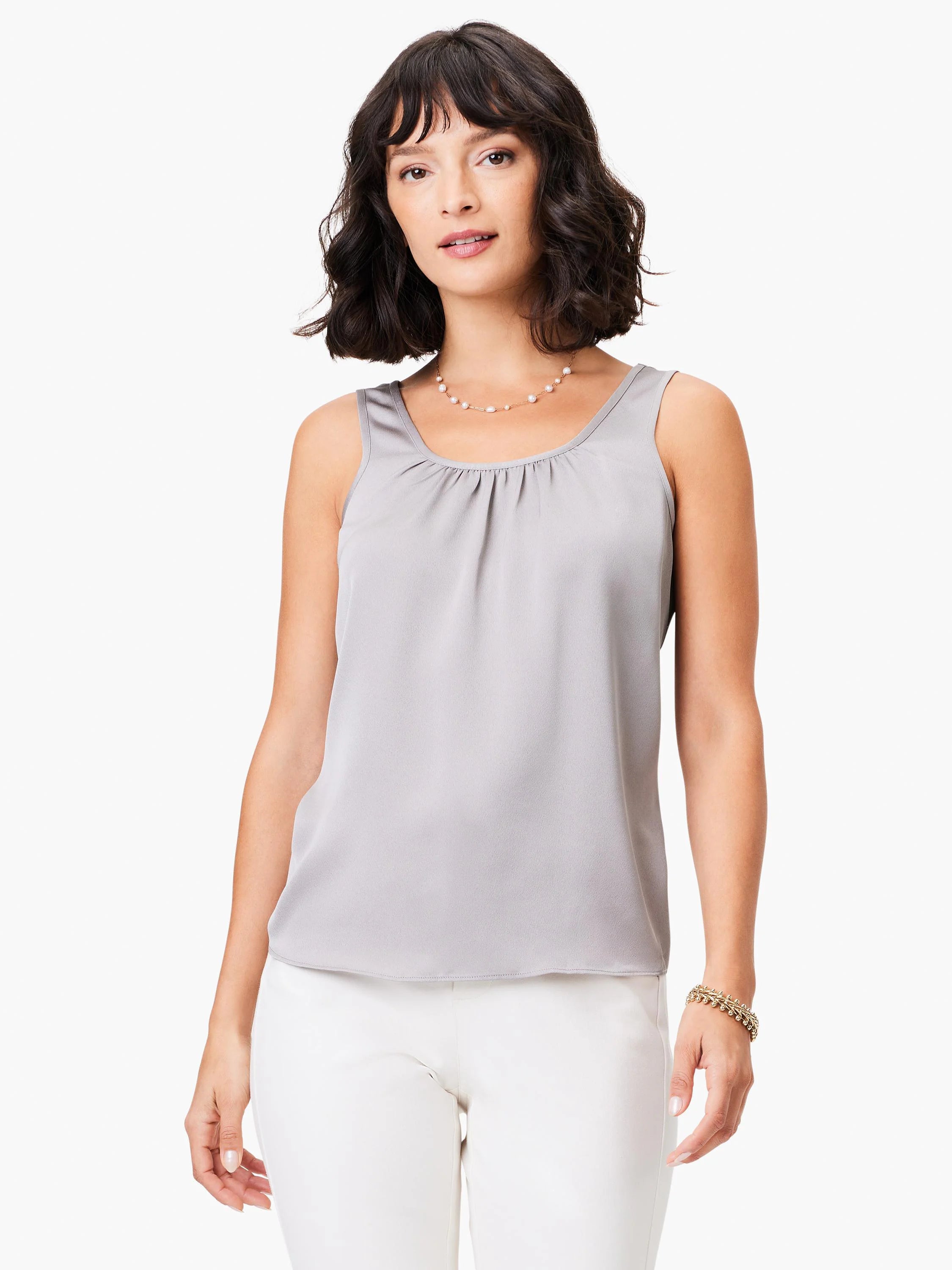 Light gray satin chiffon tank top with a scoop neckline featuring gathers across the front.