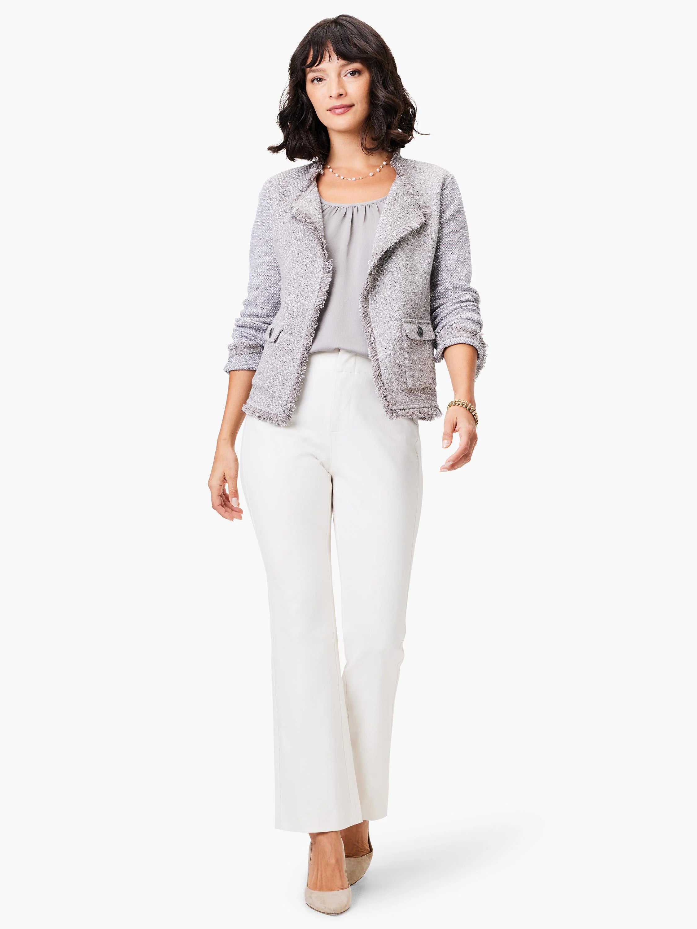 Light grey satin chiffon scoop tank with a gentle drape, scoop neck, modeled under a jacket.