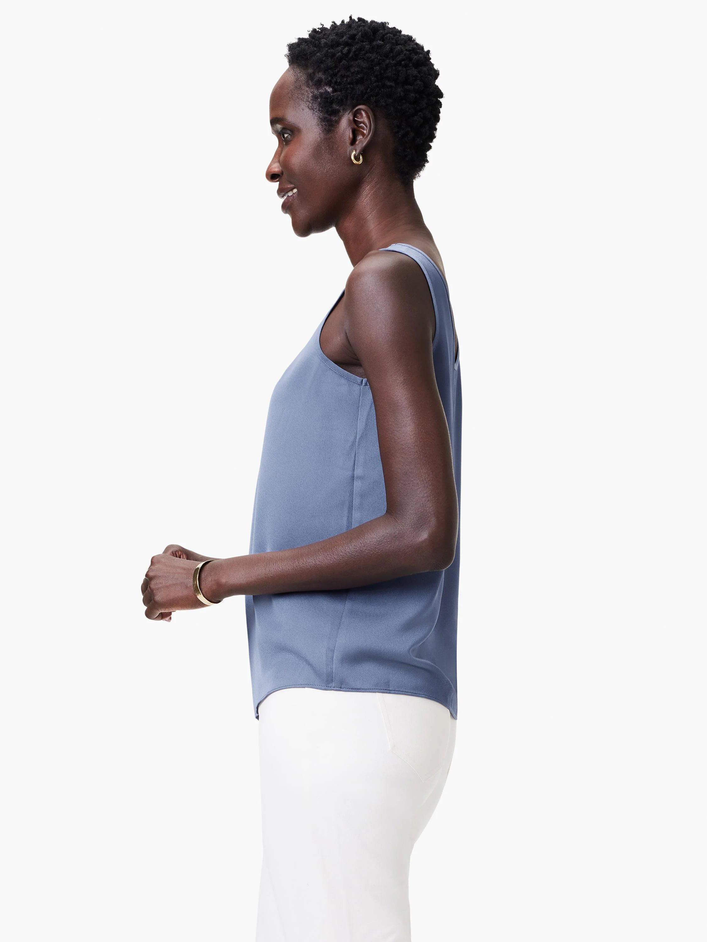 Dusty blue Satin Chiffon Scoop Tank, smooth and flowing.