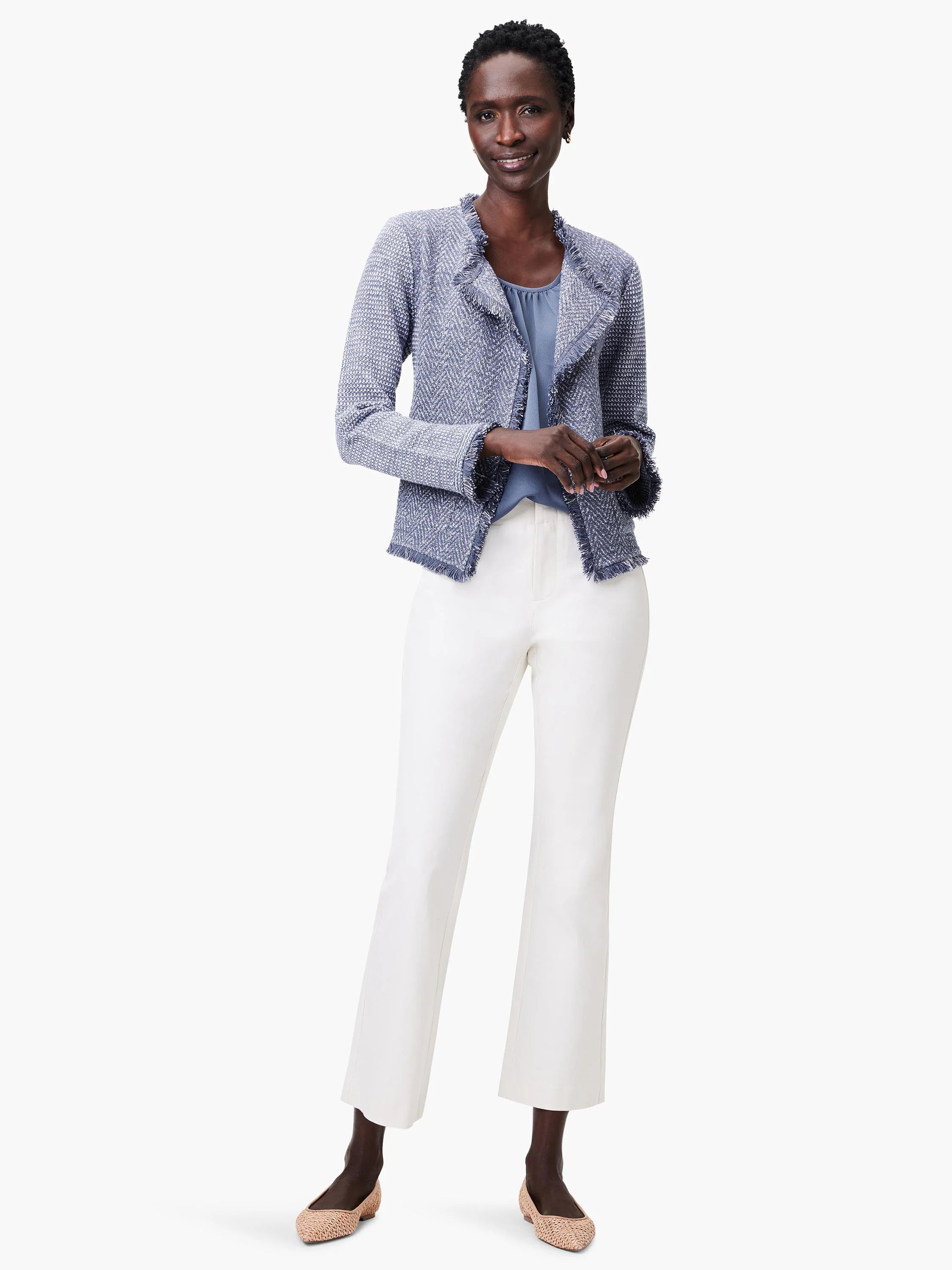 Muted blue scoop neck tank top with smooth, draped fabric.