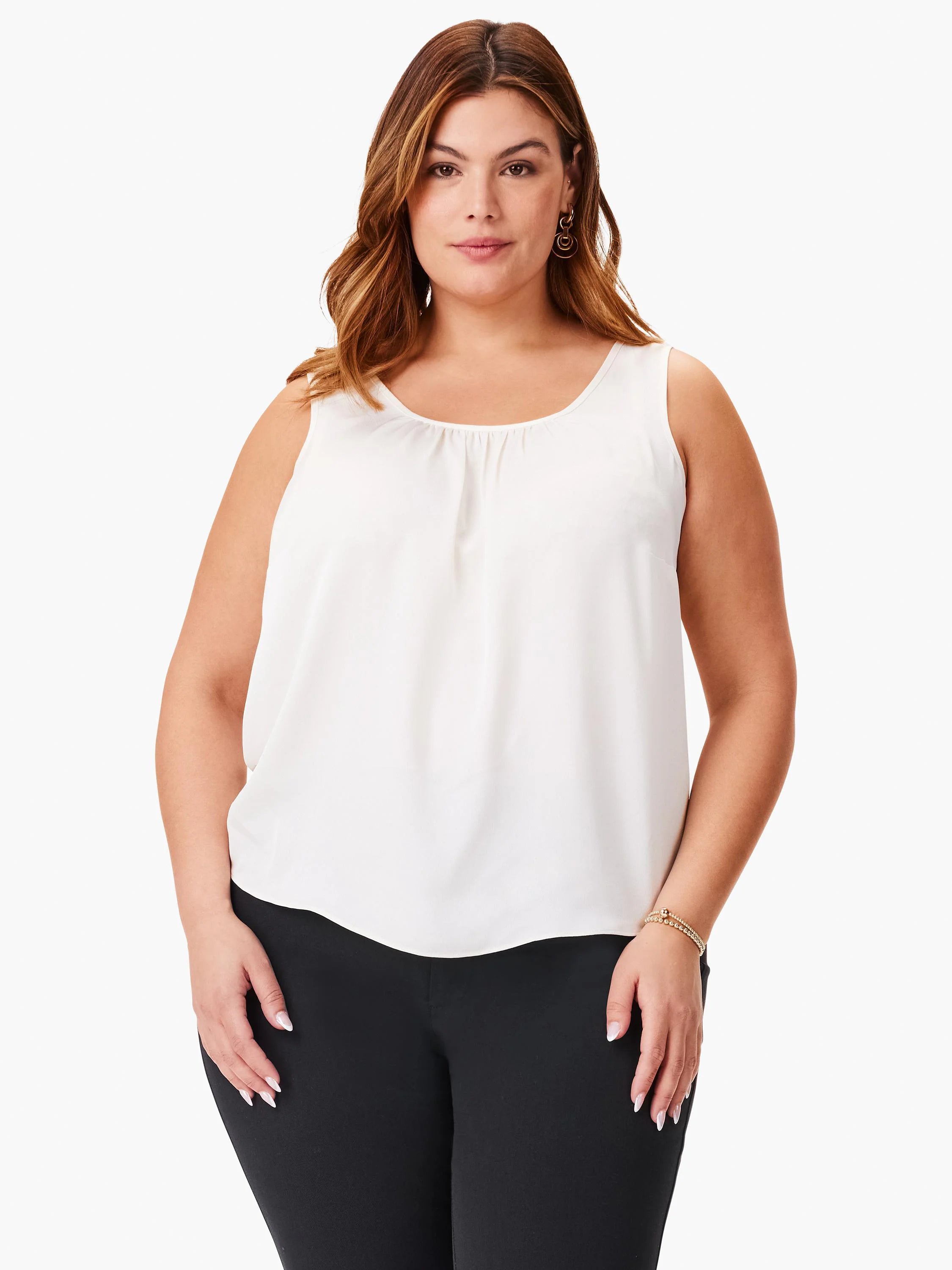 Off-white satin chiffon scoop neck tank with gathered neckline and flowing fit.