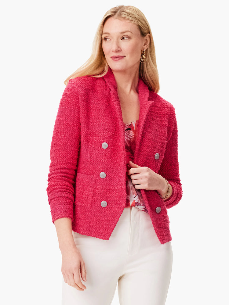 Pink textured crepe cami, double-breasted, silver buttons, cropped.