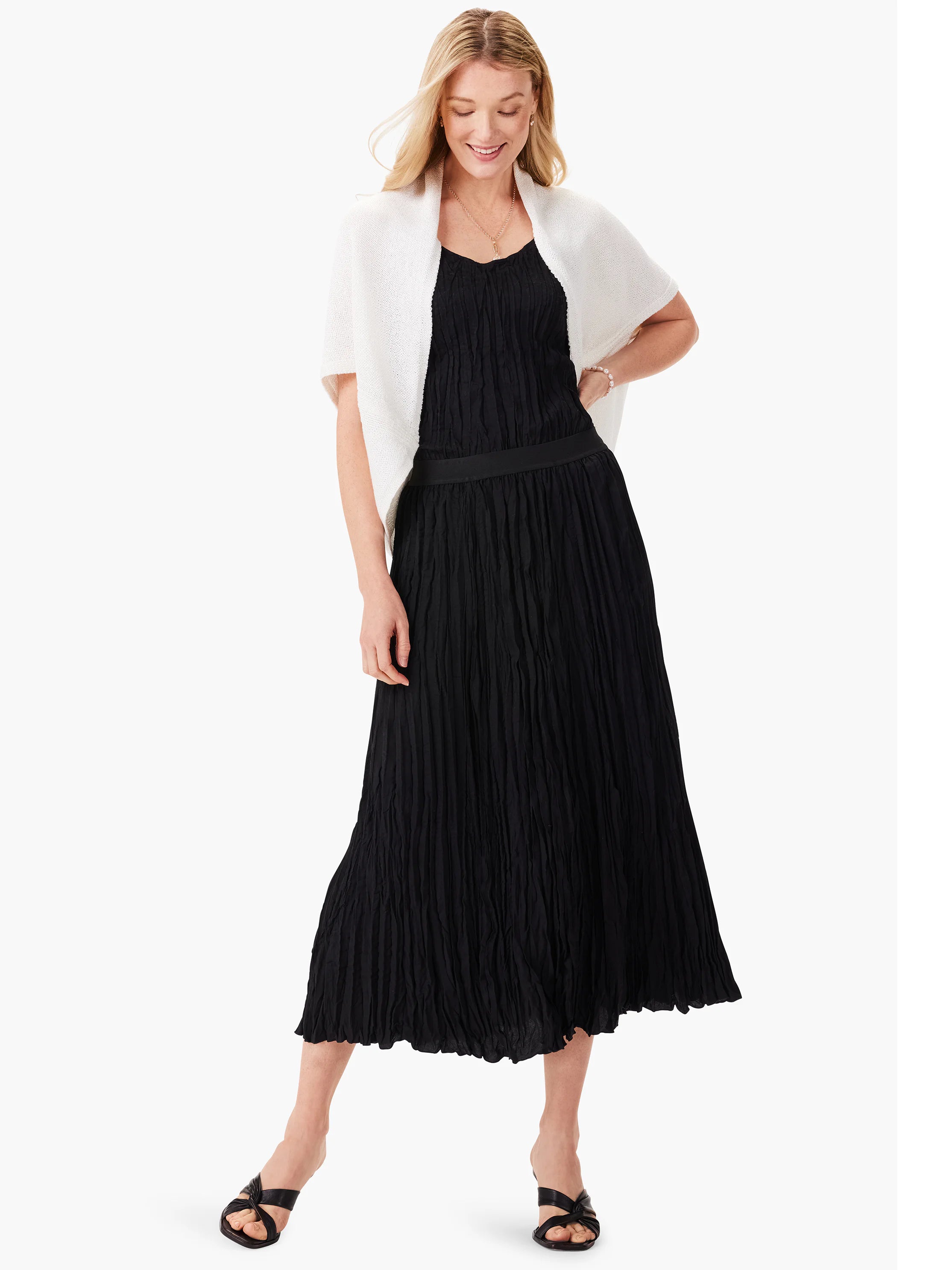 Black crinkle-textured tank dress.