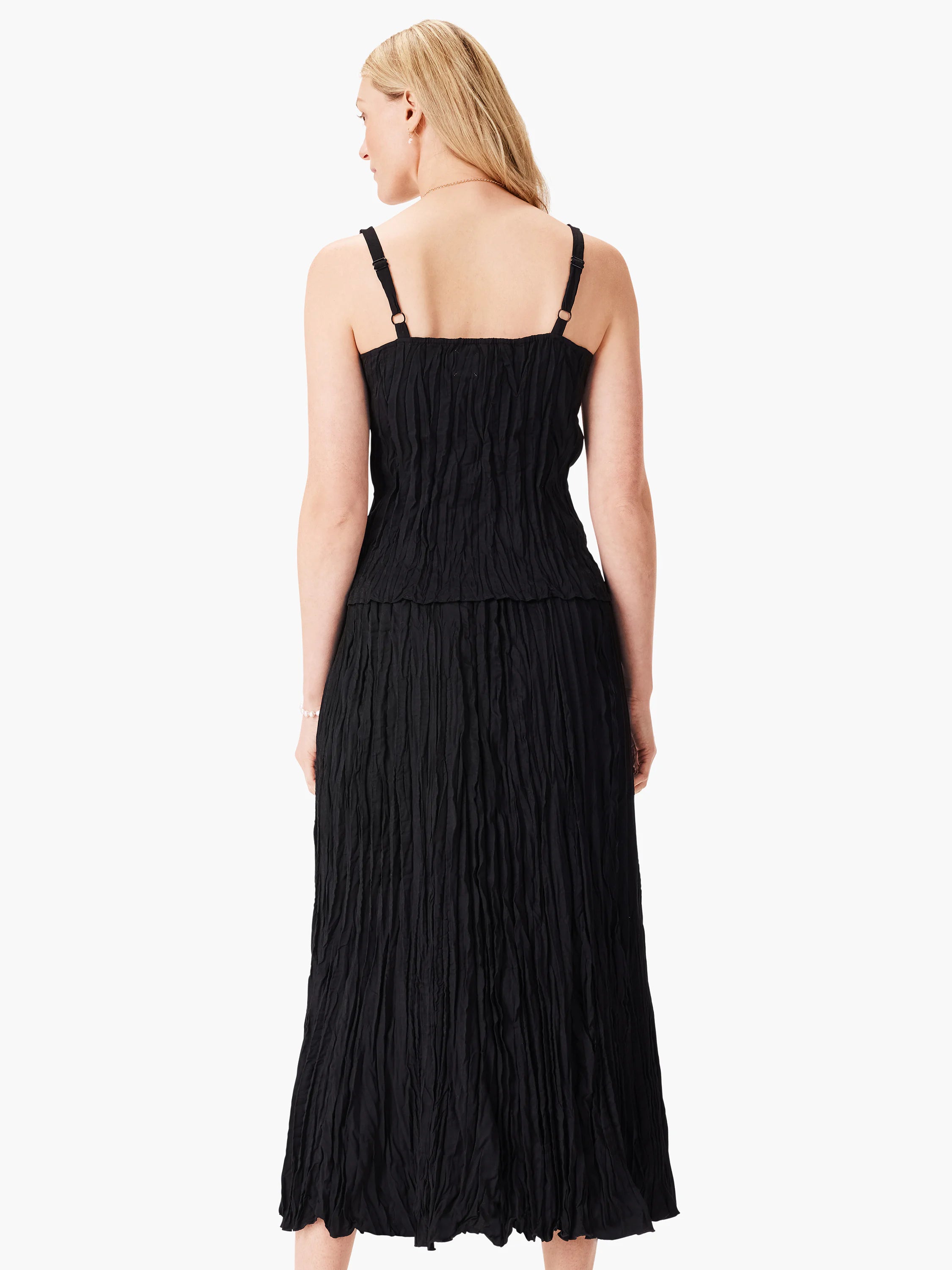 Black tank with adjustable spaghetti straps. Features a distinct vertical crinkled texture. Shown from the back.