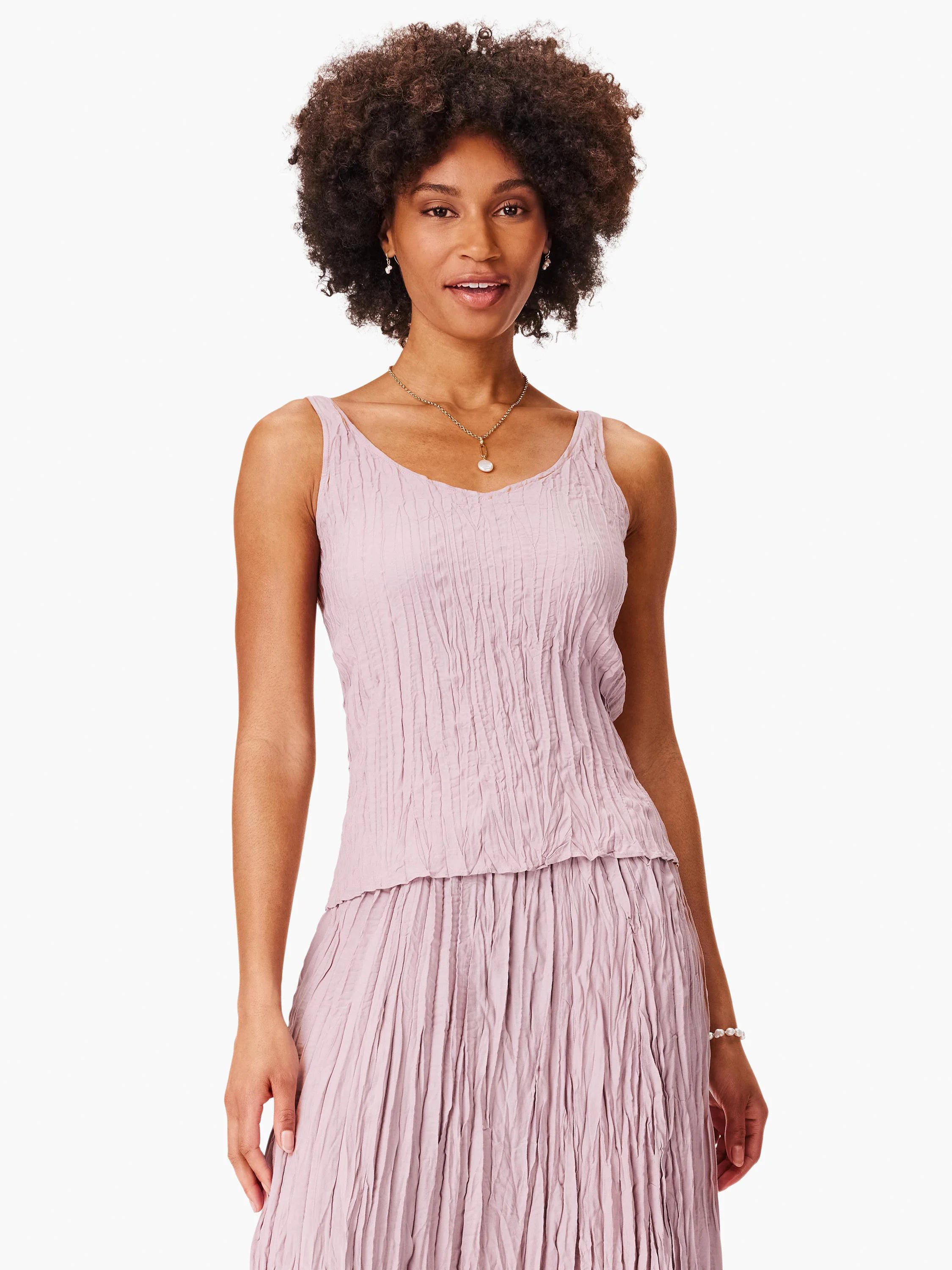 Light purple tank top with a crinkled, pleated texture.