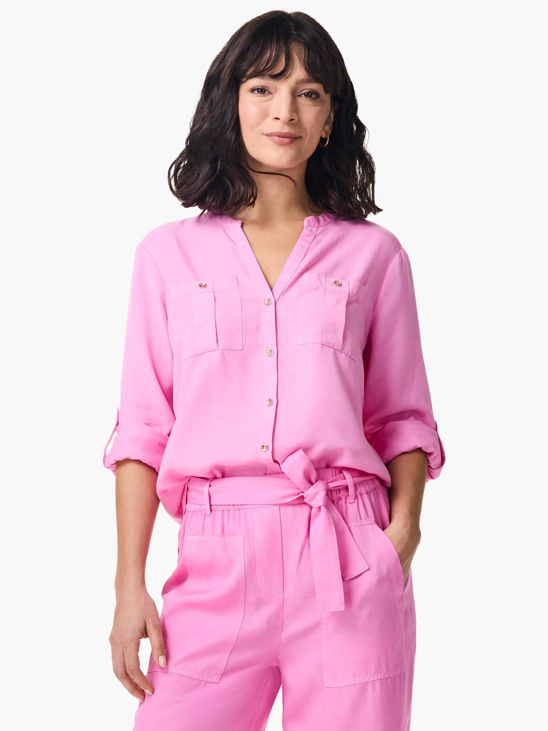 Pink, long-sleeve button-down shirt; two chest pockets; rolled cuffs. Gold buttons.