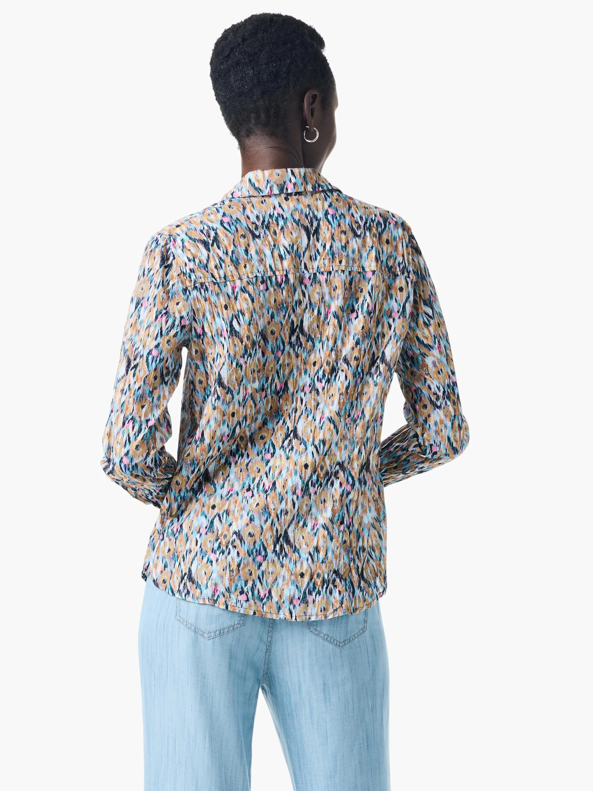 Here's alt text for the image, keeping it concise and accessible:
"Back view of long-sleeve shirt in blue, beige, black,...