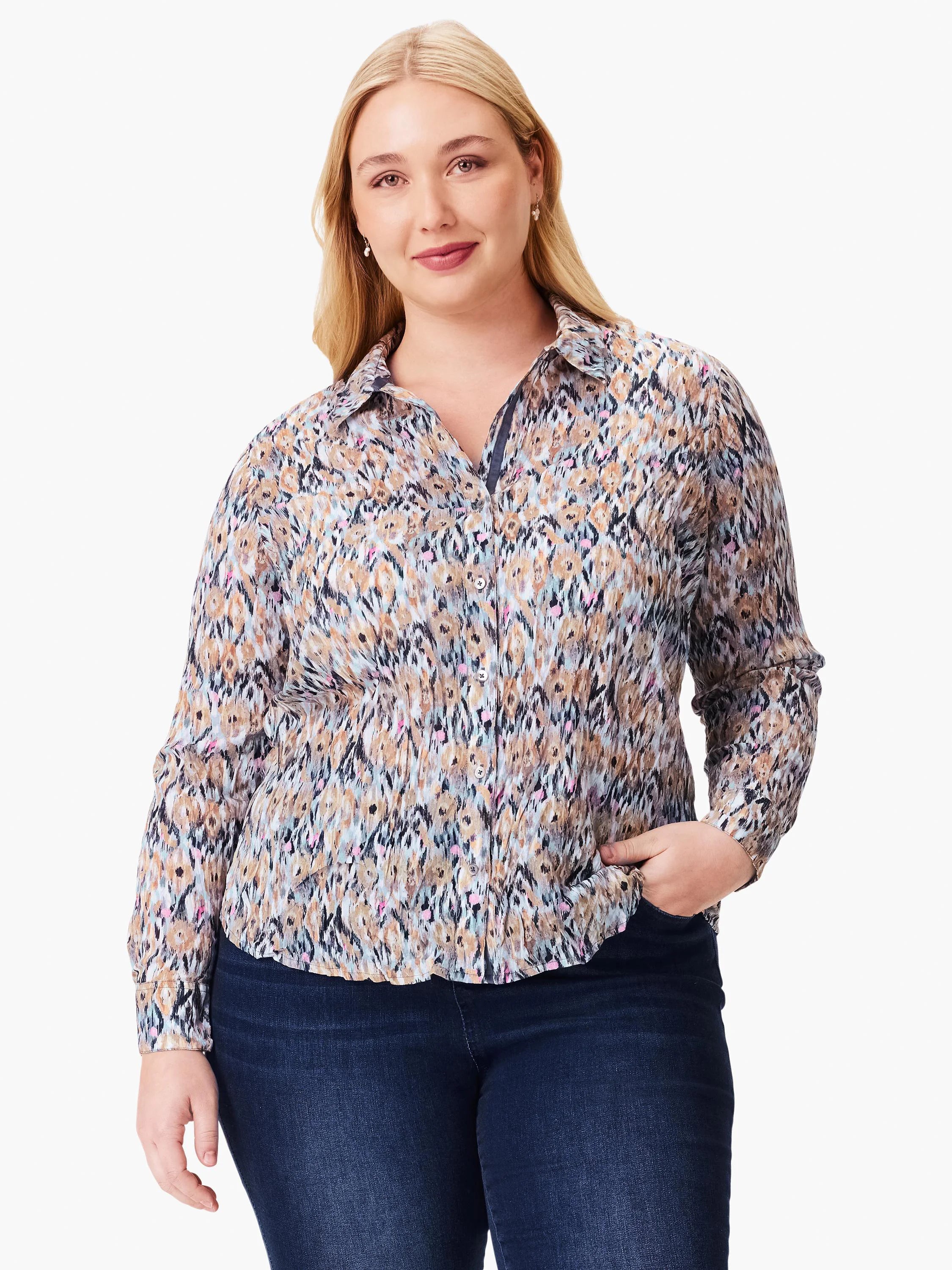 Crinkled, long-sleeved button-down shirt. Tan, blue, and pink abstract print on a light background.