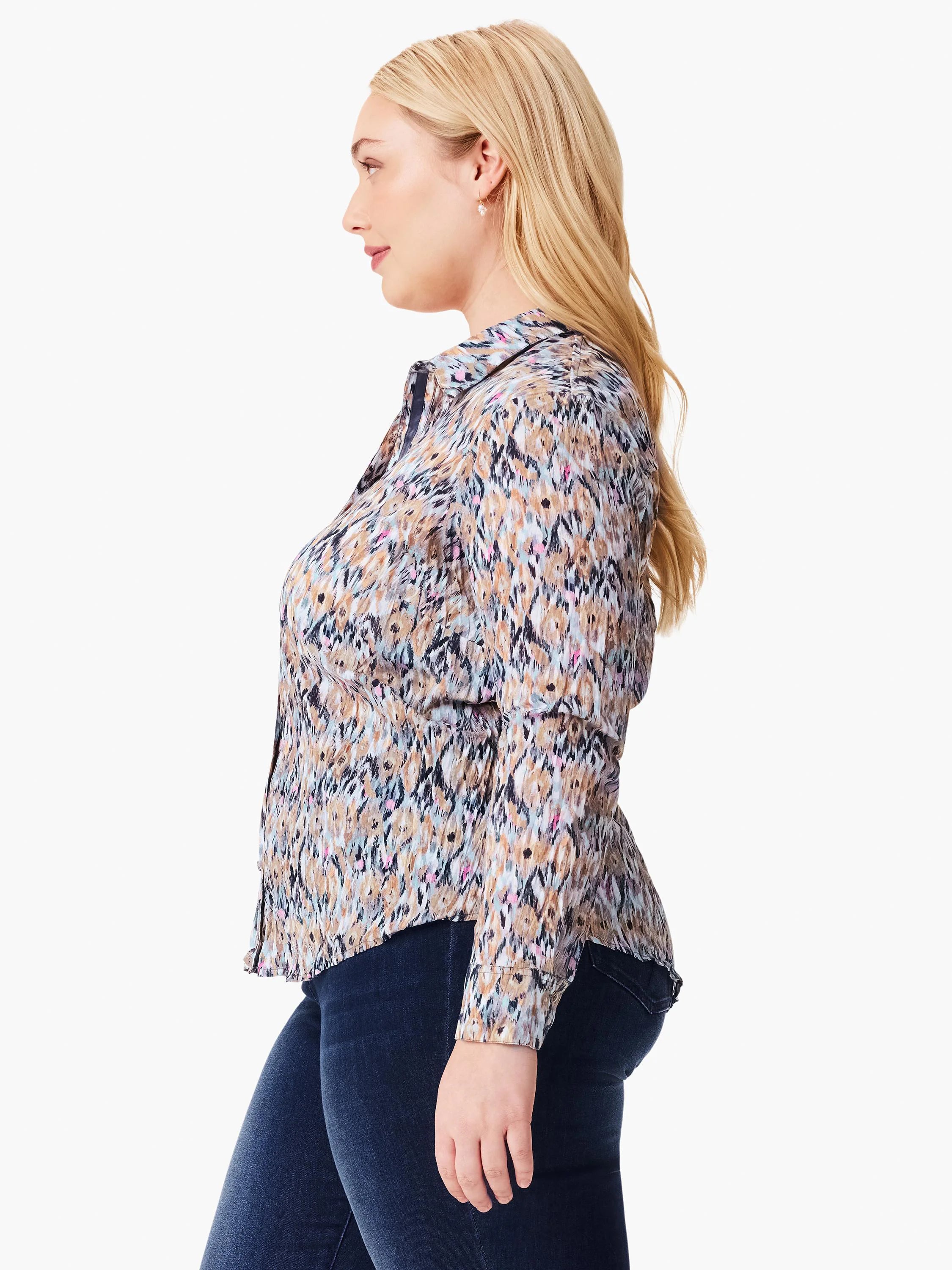 Crinkle-textured shirt; long sleeves, collared. Ikat print in beige, teal, black, and pink.
