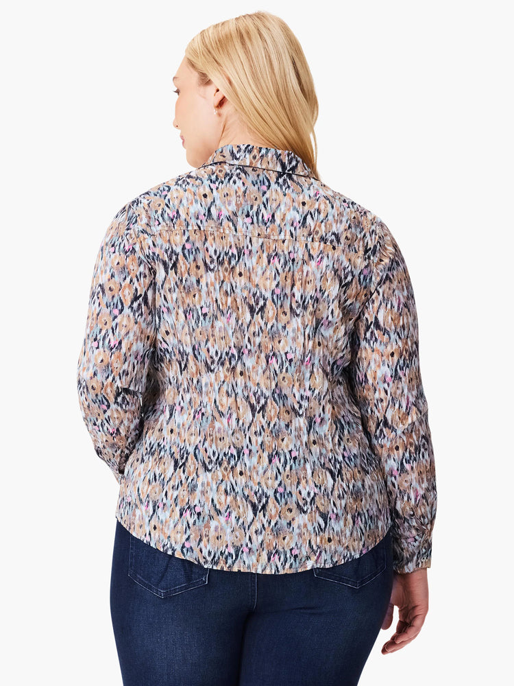 Brown, beige, and black Ikat-patterned long-sleeve collared shirt. Pink accents.