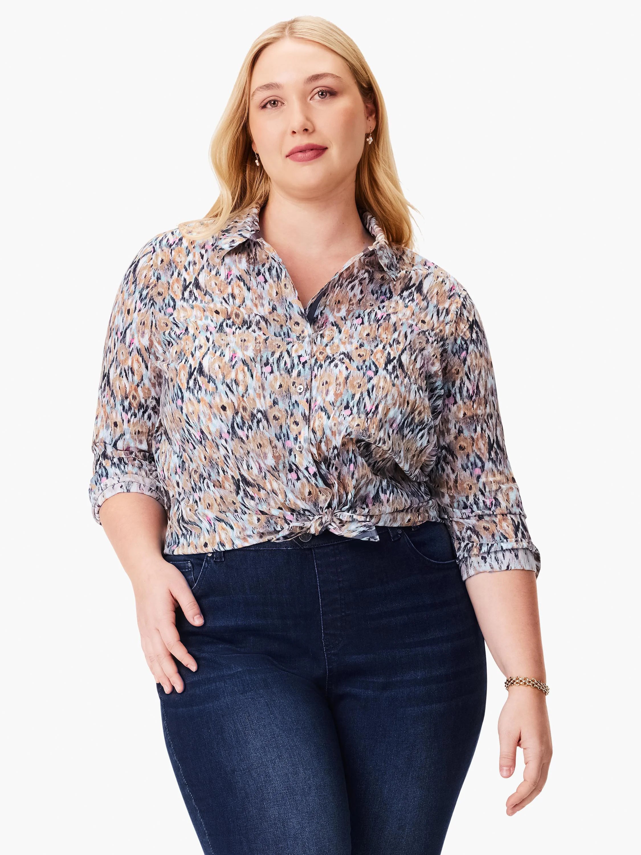 Crinkle shirt with brown, tan, blue, and pink abstract print. Three-quarter sleeves, button-front. Knotted at waist.