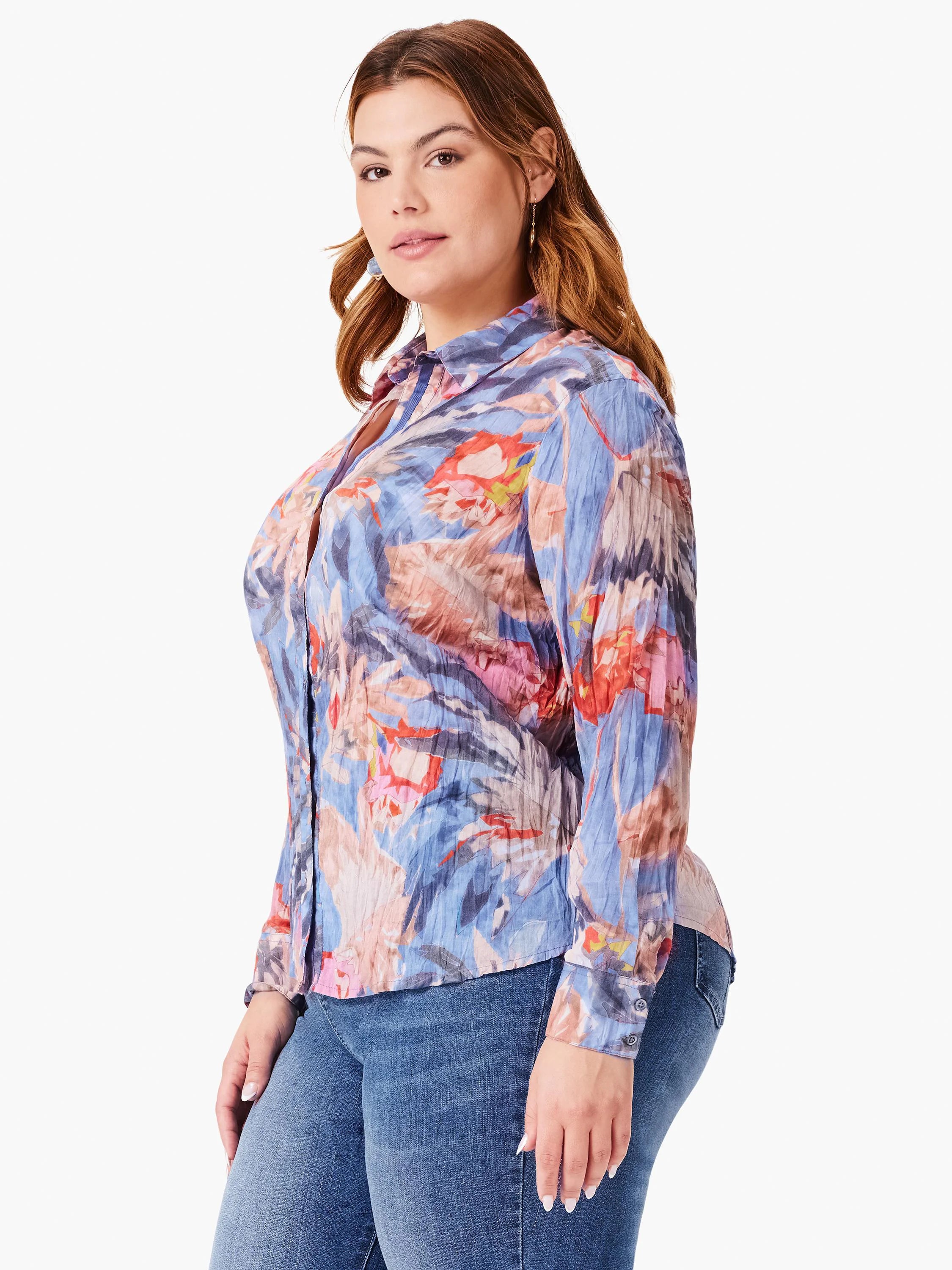 Crinkle long-sleeve shirt; blue, peach, and coral abstract print on a textured, semi-sheer fabric. Collared, button-front.