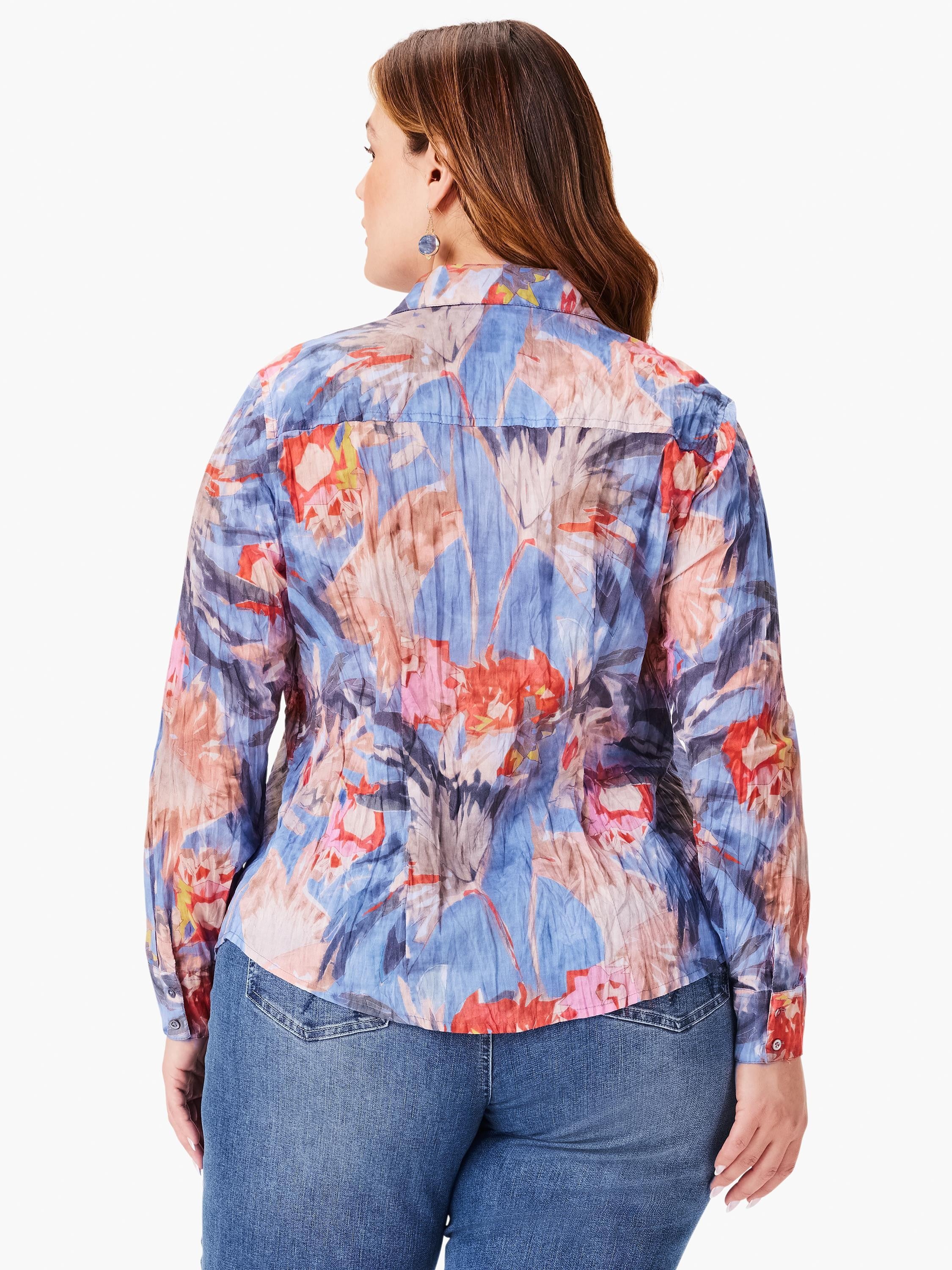 Crinkle shirt, long sleeves, blue background with red, pink, and gray floral print. Button closure.