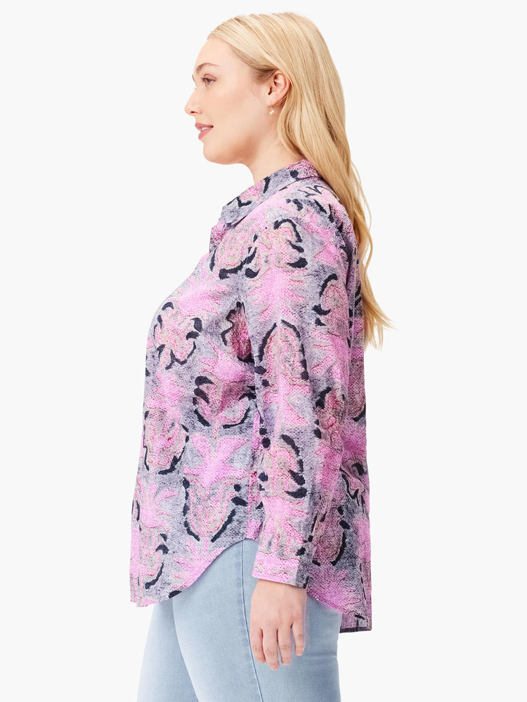 Pink and gray floral print boyfriend shirt; long sleeves.