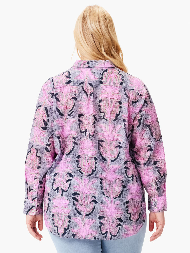 Pink, gray, and black floral print long-sleeve collared boyfriend shirt. Shown from the back.