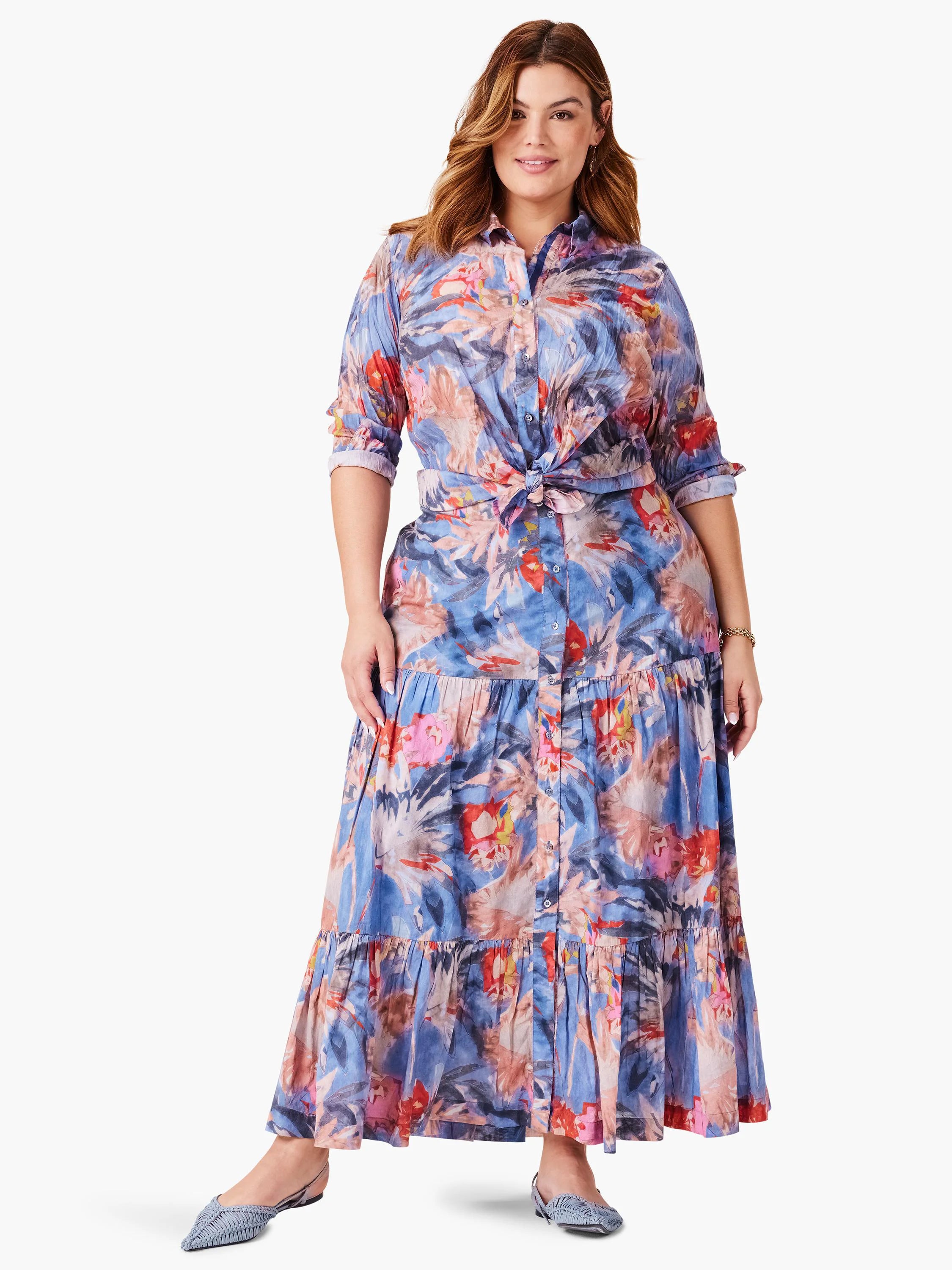 Blue tiered maxi skirt with red, pink & gray floral print. Button front.