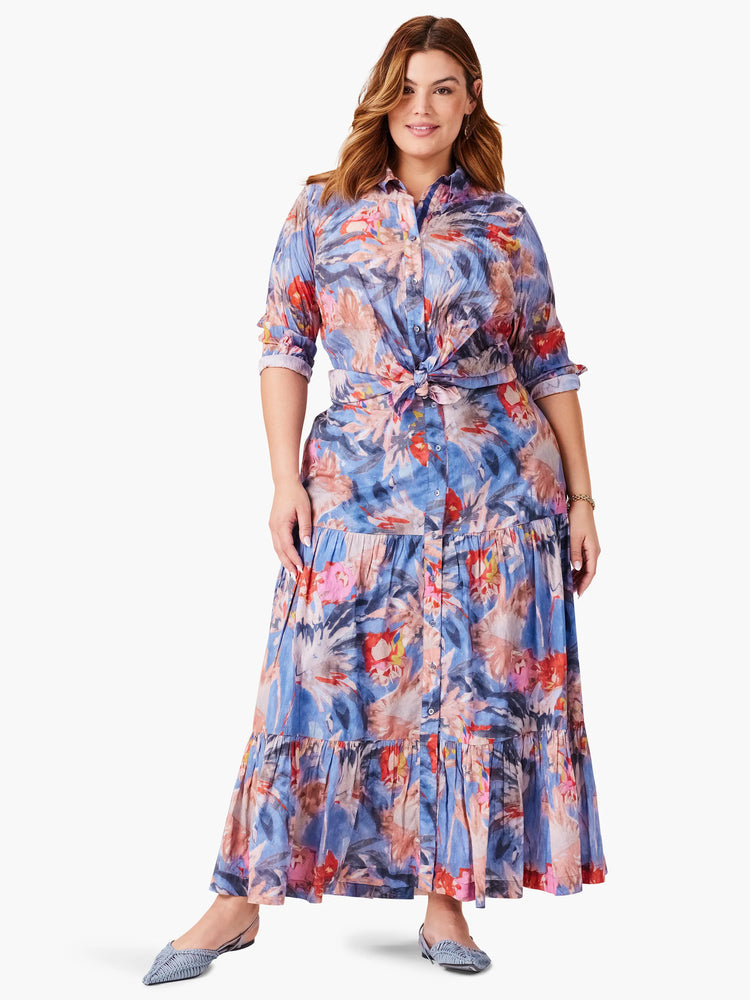 Blue tiered maxi skirt with red, pink & gray floral print. Button front.