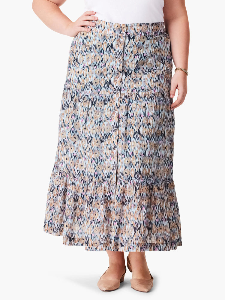 Maxi skirt, tiered, button front. Ikat pattern in beige, blue, black, & pink.