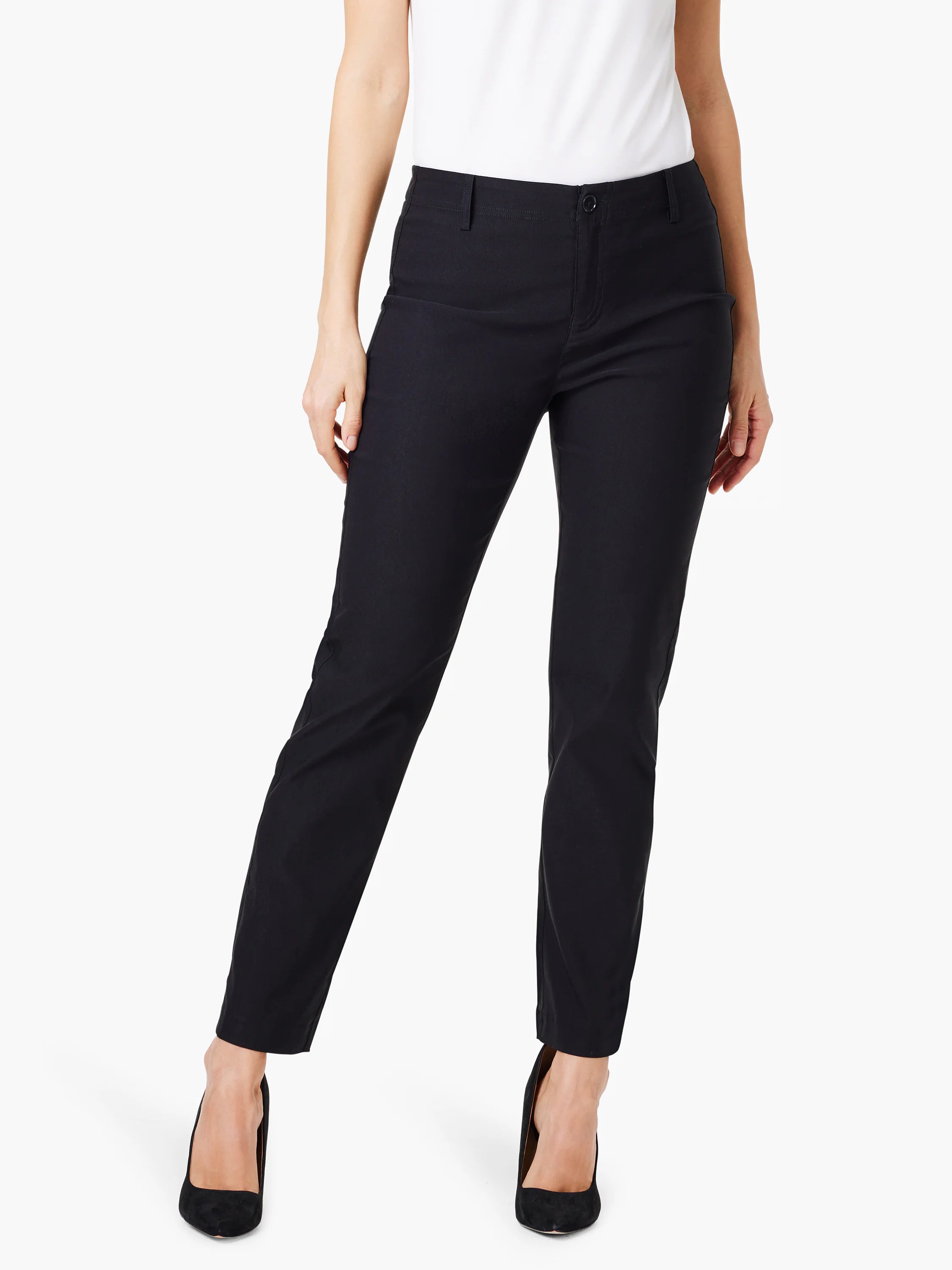 Black straight-leg pants; model is wearing black heels.