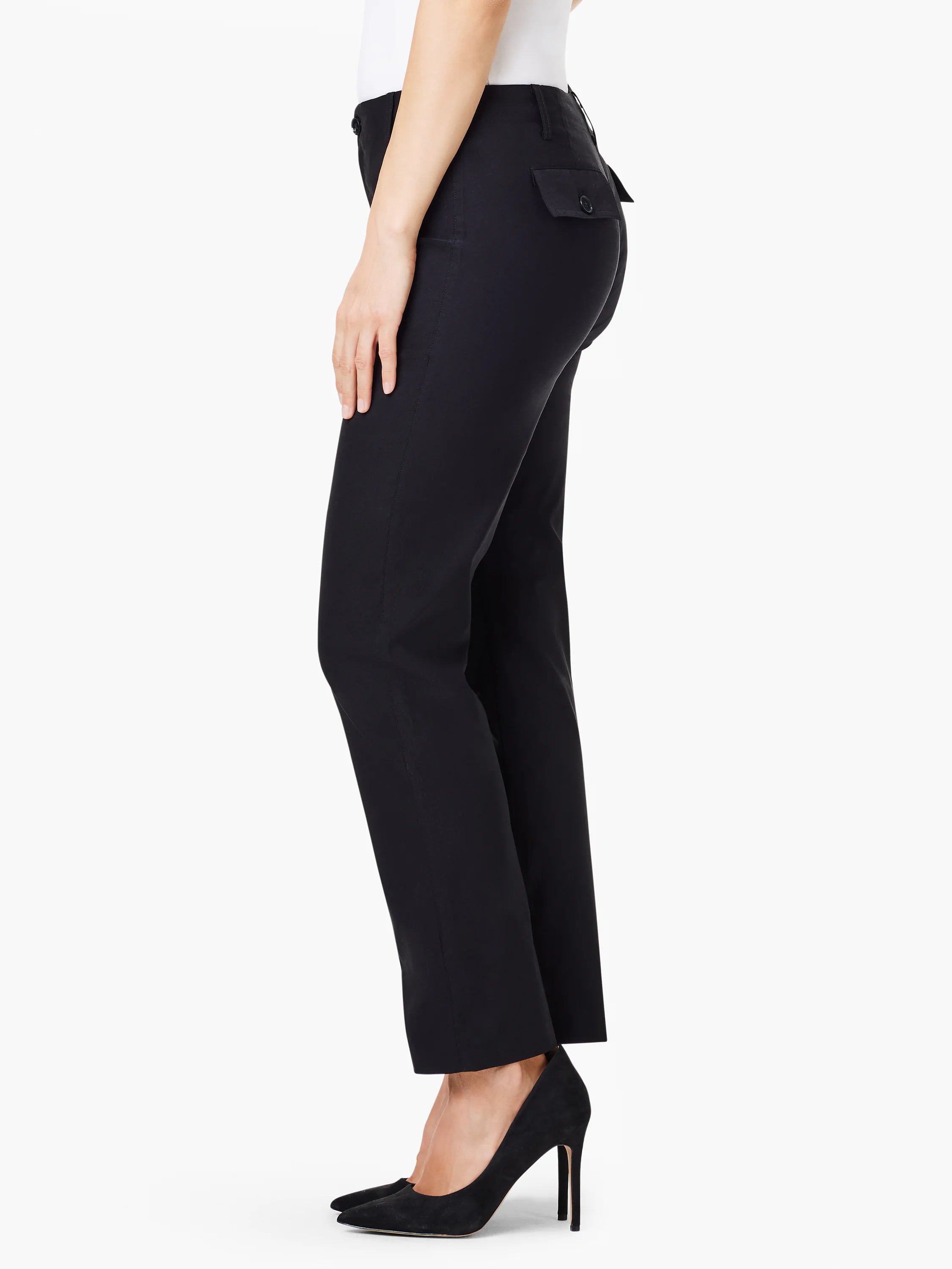 Black straight-leg pants; side view shows a back pocket.