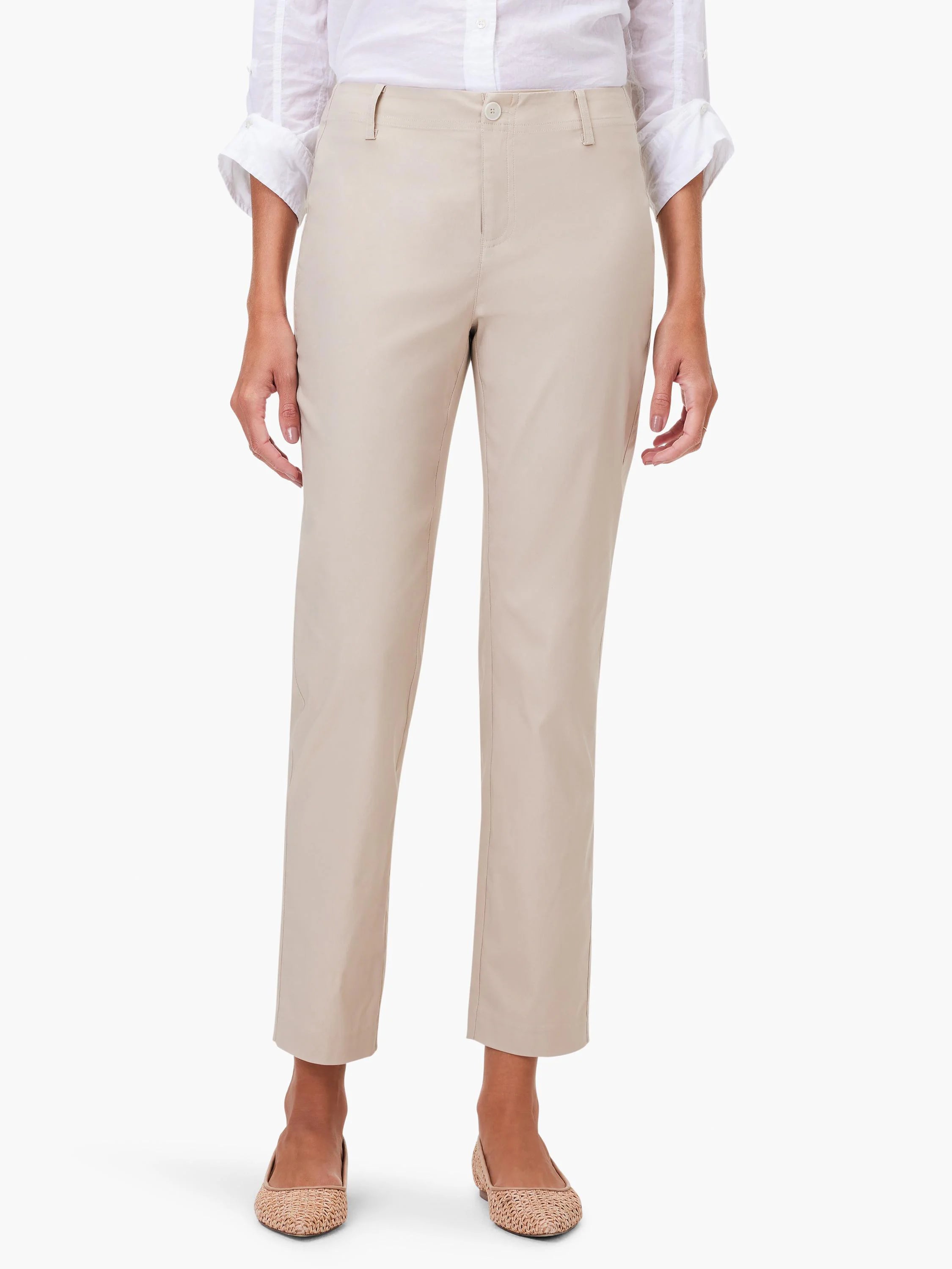Beige straight-leg pants; front view. Model wears light beige shoes.