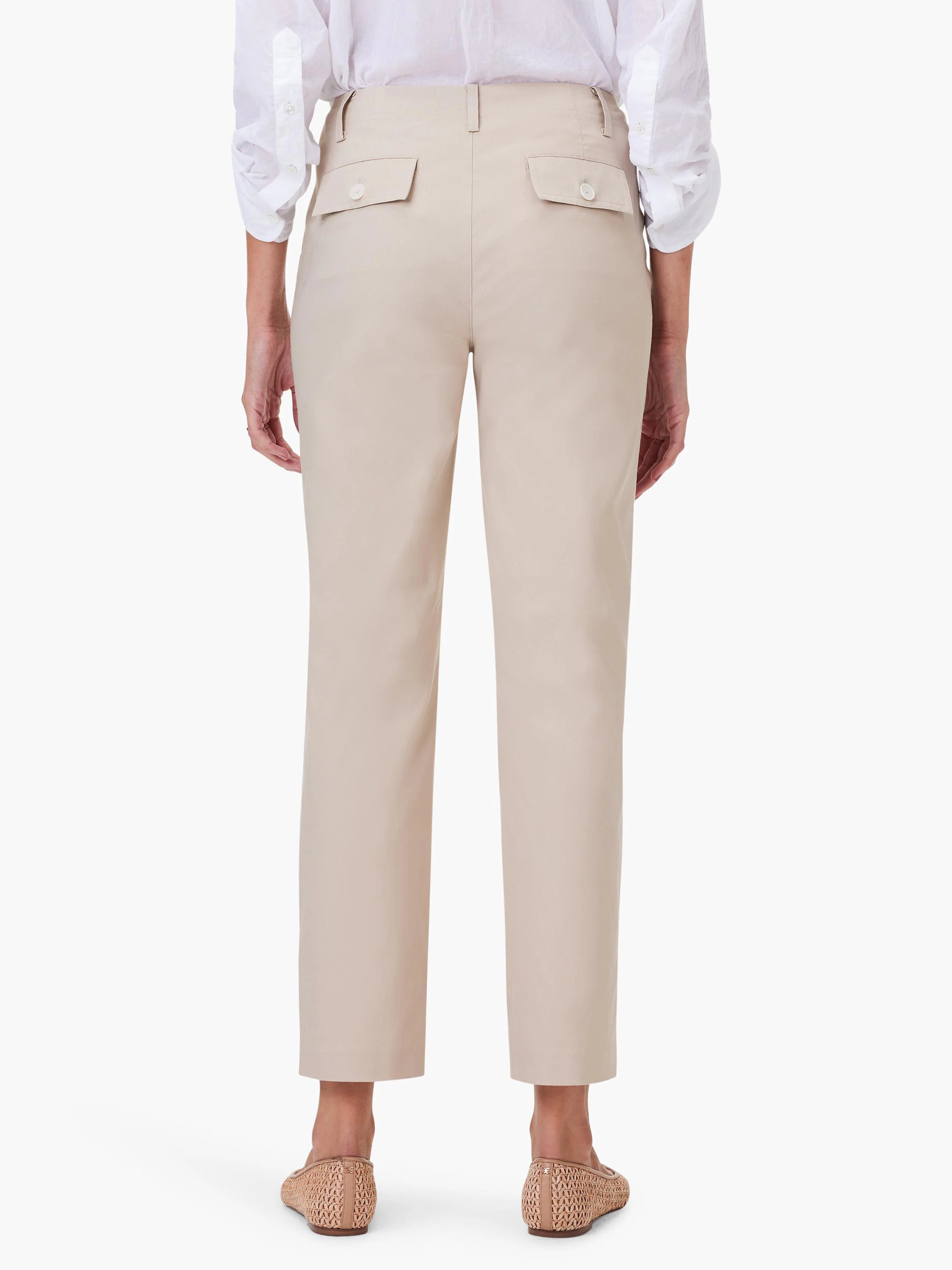 Beige straight-leg pants, back view. Features two buttoned pockets.