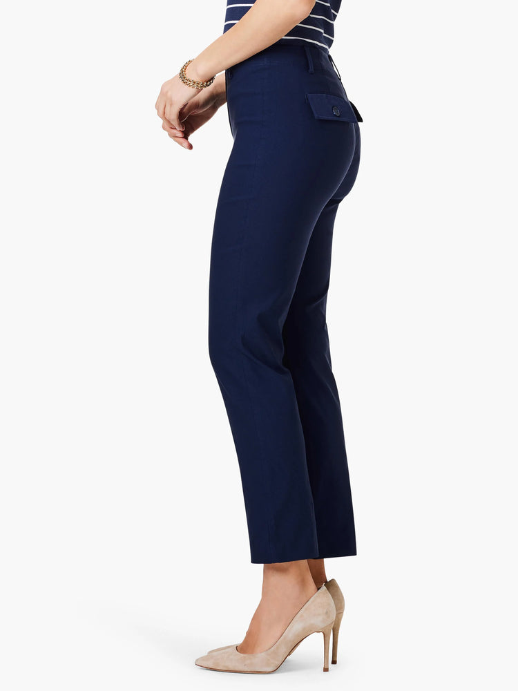 Dark navy blue straight-leg pants; side view shows a back pocket with button.