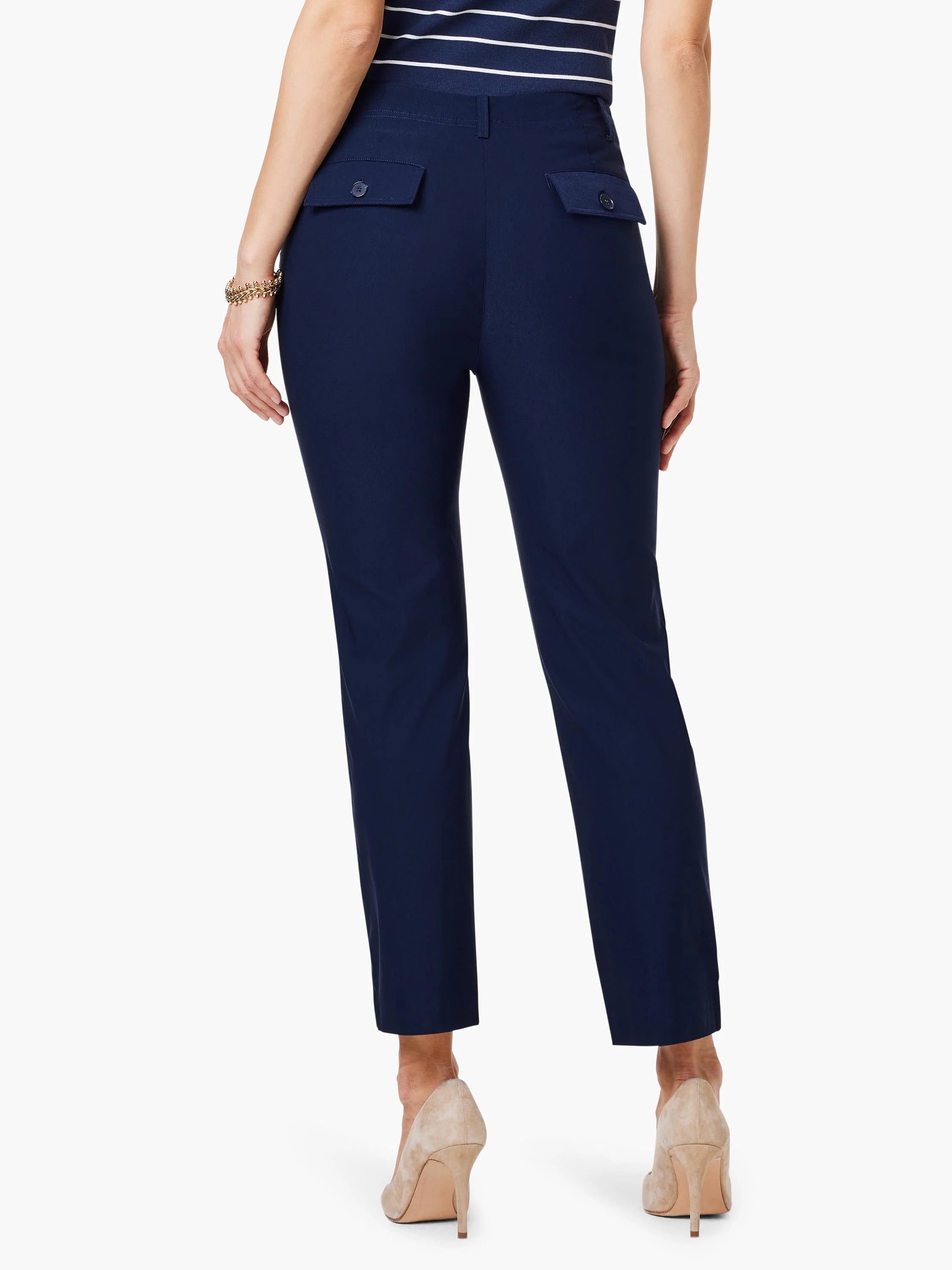 Here's alt text under 125 characters:
Dark navy blue straight-leg pants, cropped. Back view shows two buttoned pockets.