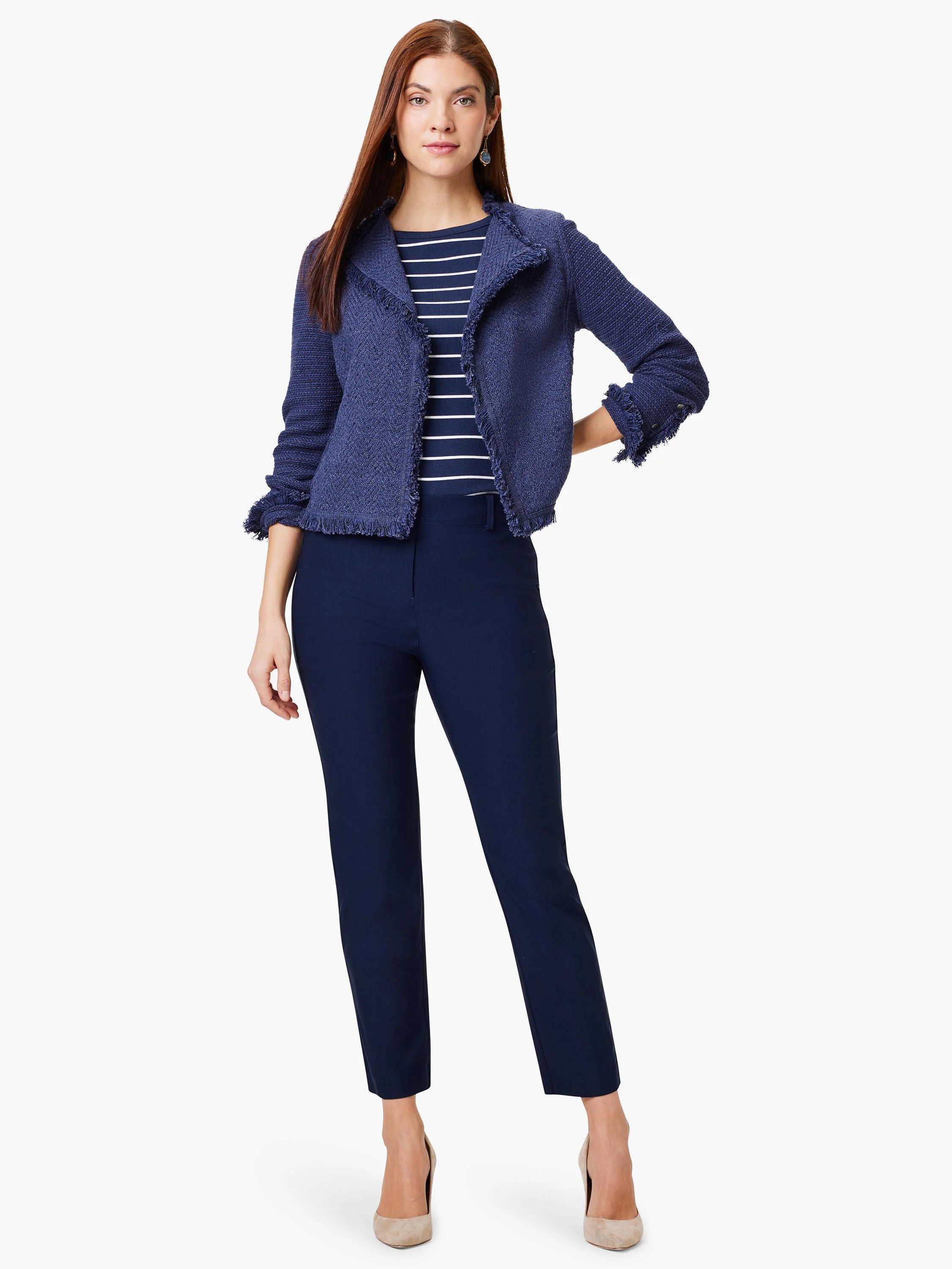 Navy blue straight-leg pants on a model. The pants are ankle-length.