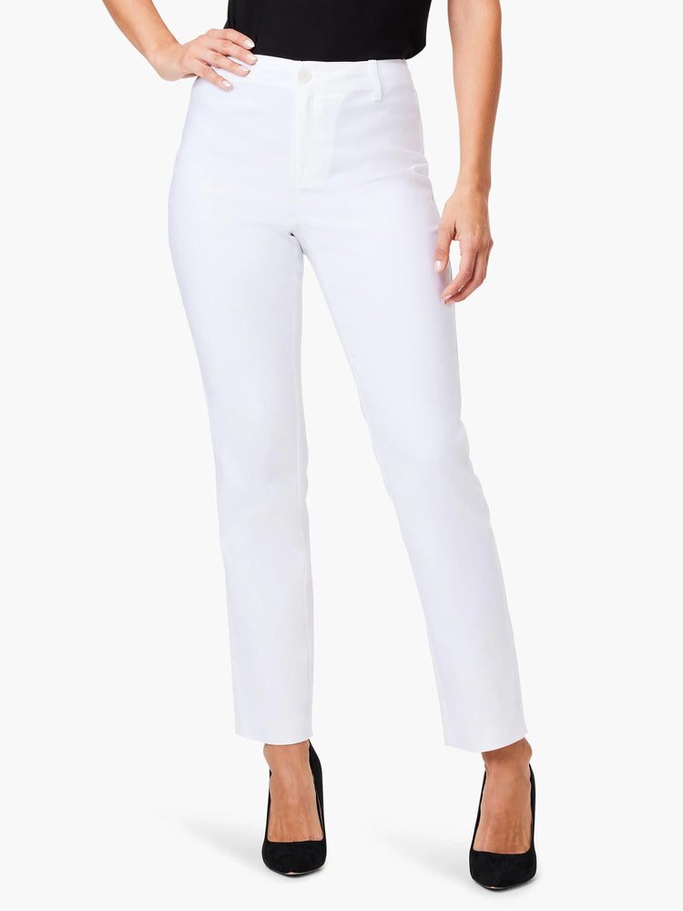 White straight-leg pants; model wears black shoes.
