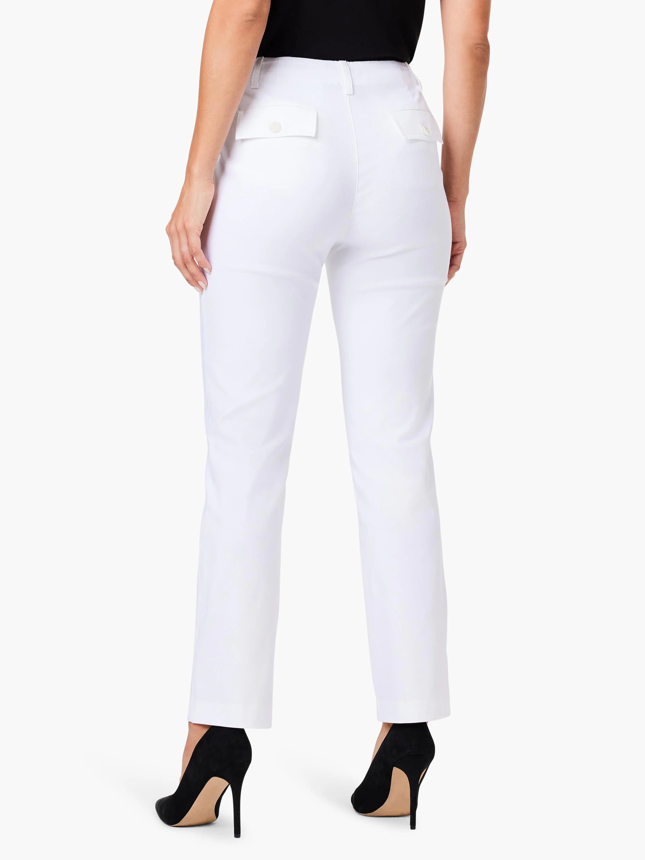 Here's alt text that meets the requirements:
White straight-leg pants; back view. Features two back pockets with buttons.