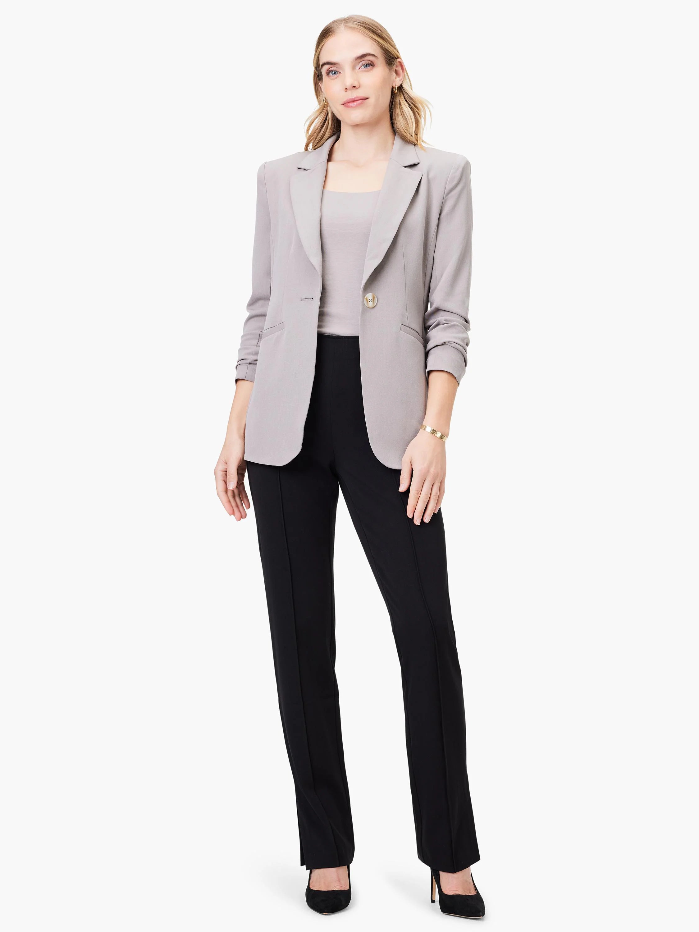 Black straight-leg pants; side slits; shown with light gray blazer.