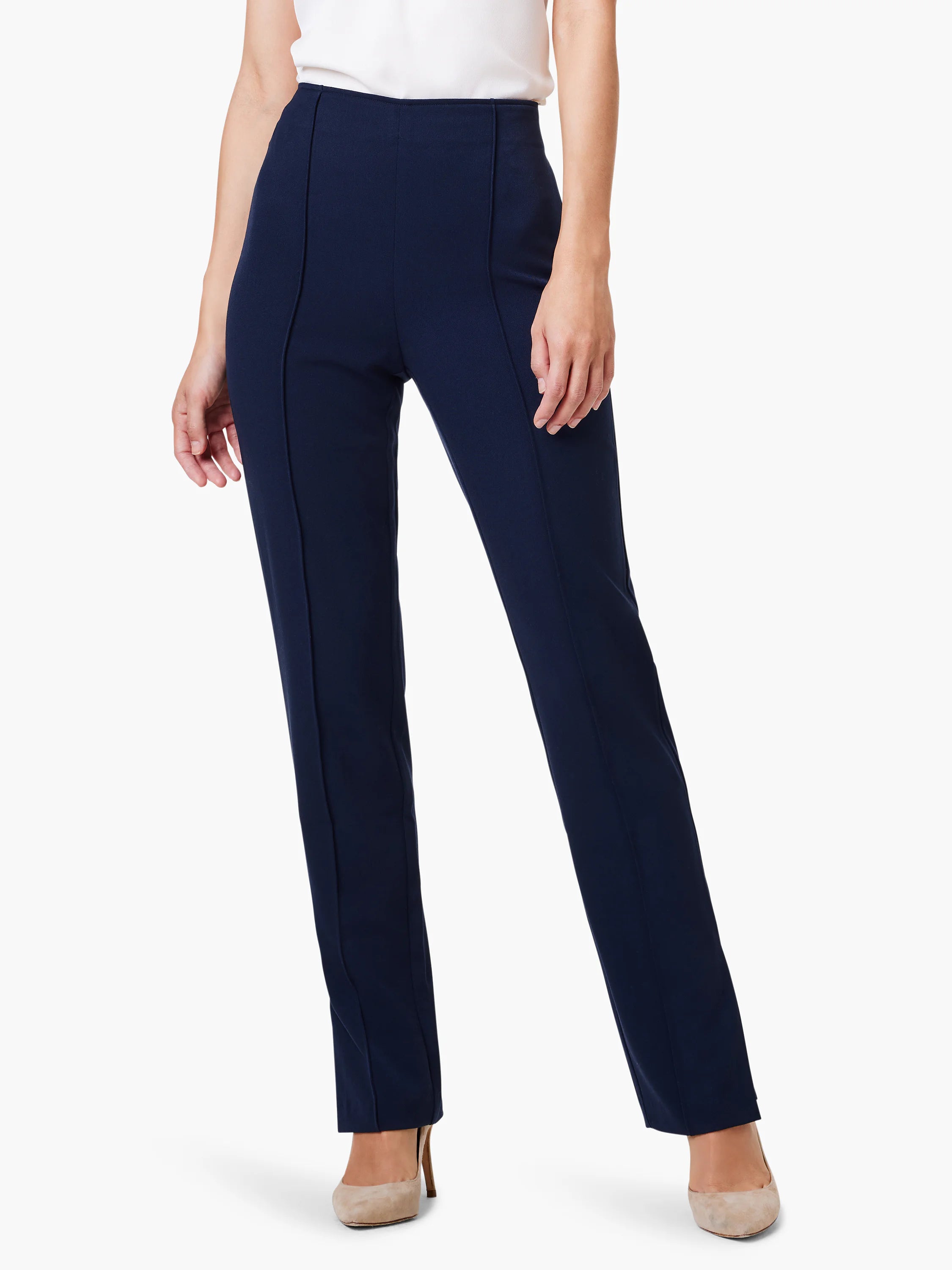 Navy blue straight-leg pants with side slits, shown on a model.