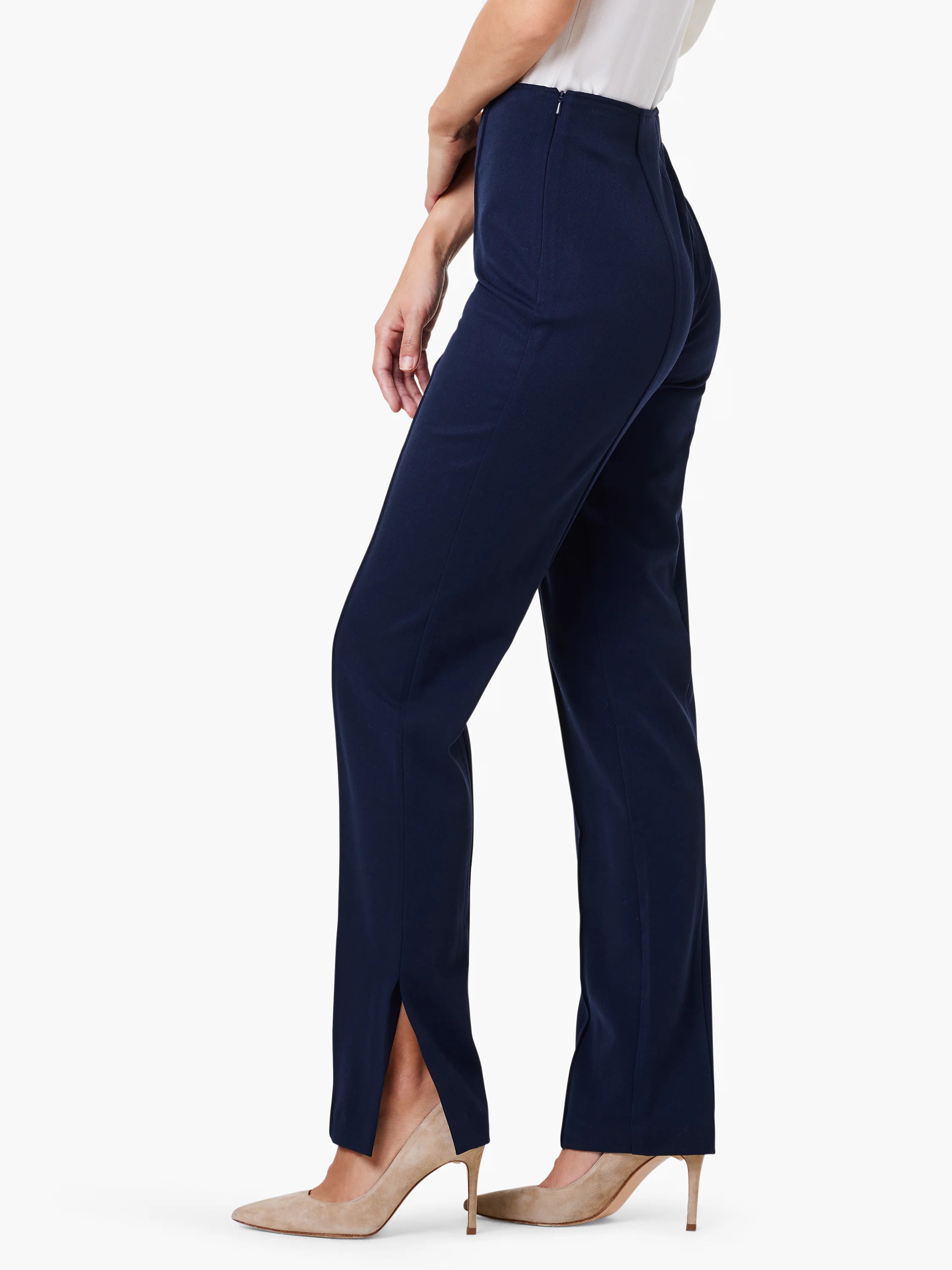 Navy blue straight-leg pants; side slits; shown on a model wearing nude heels.