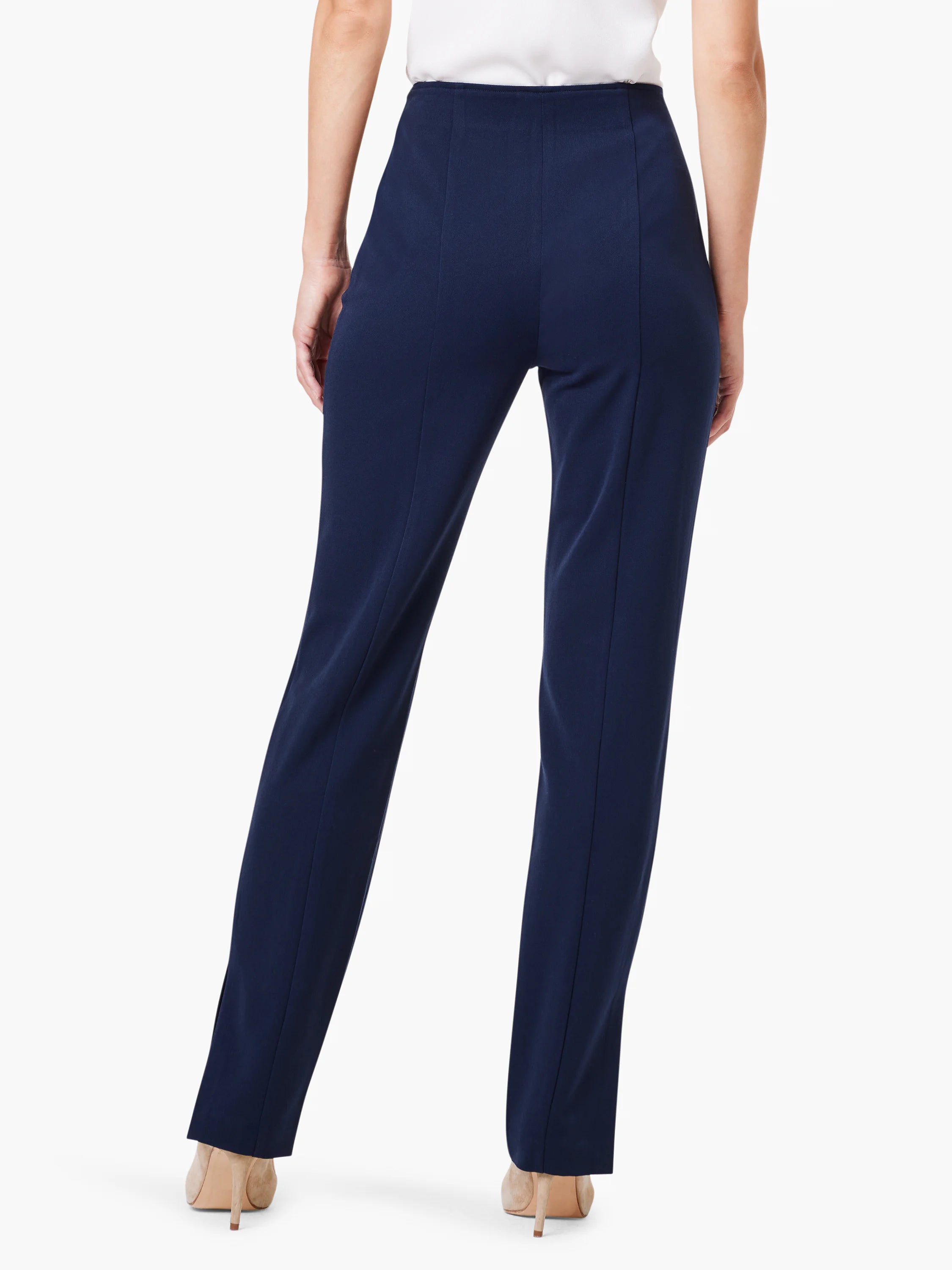 Here's alt text that meets the requirements:
"Navy blue straight-leg pants, side slits, rear view.