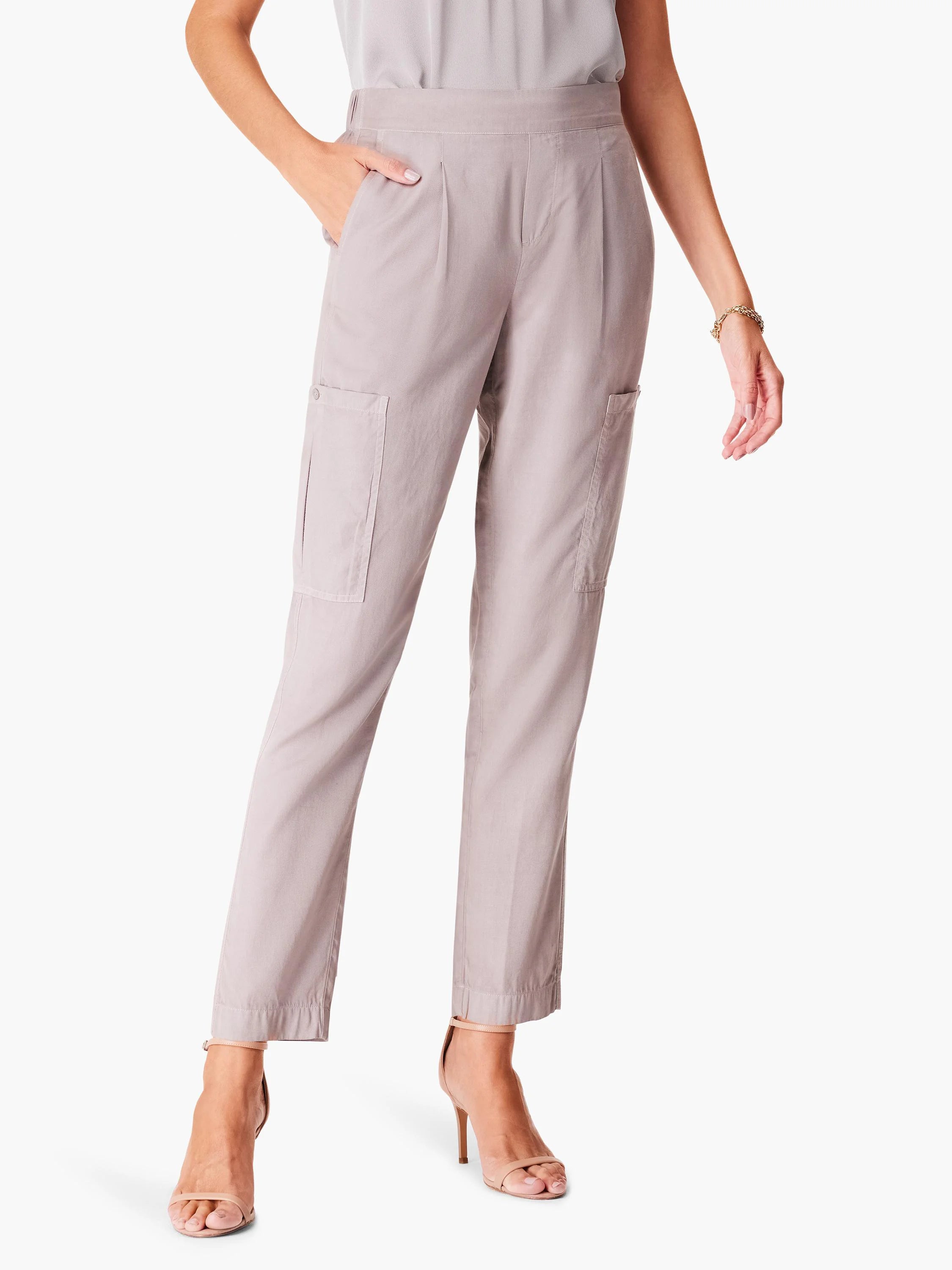 Light taupe cargo pants; relaxed fit, ankle length, pleats at waist, side pockets.