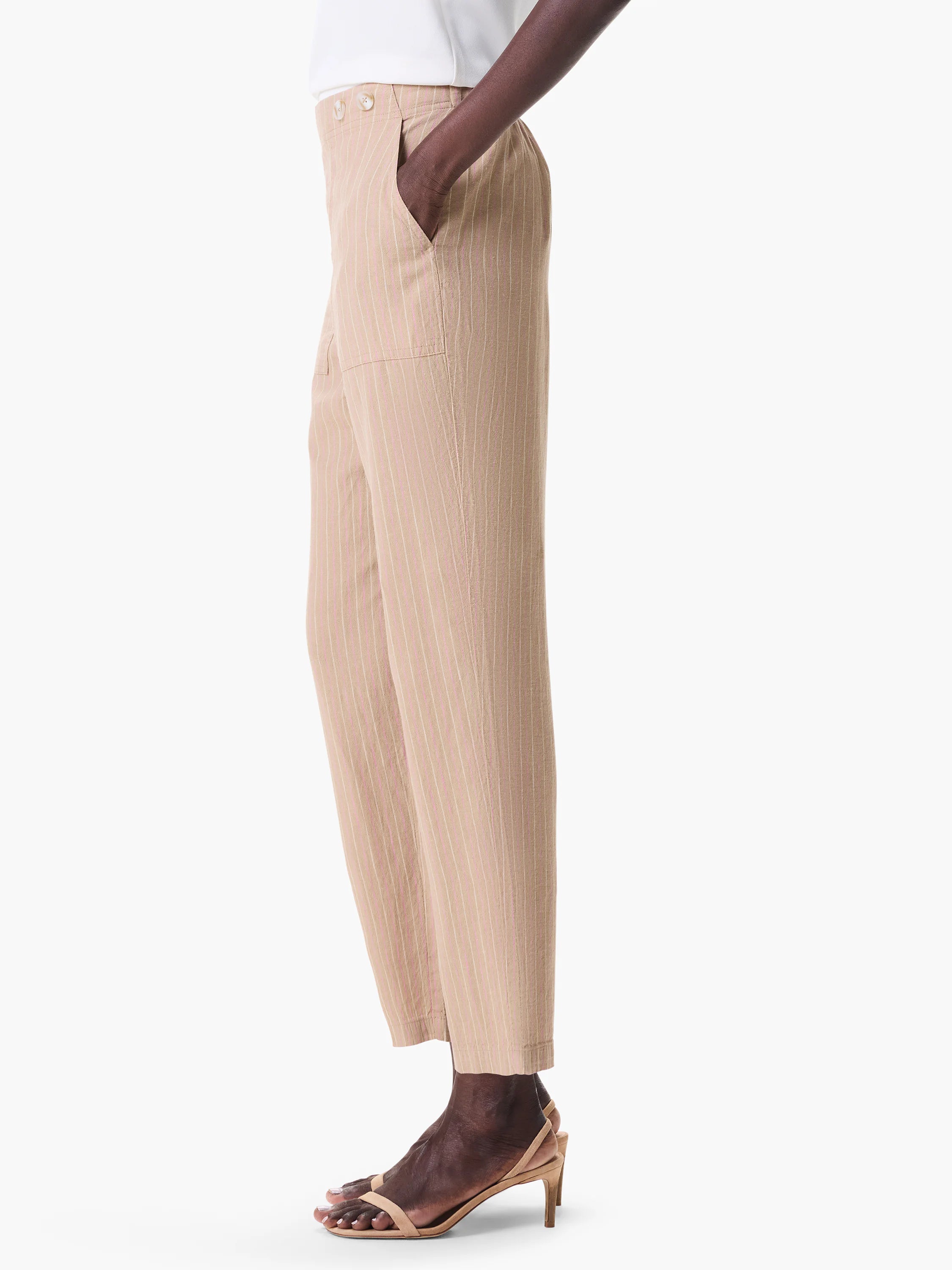 Beige straight-leg pants with thin pale pink and yellow stripes; side pockets.