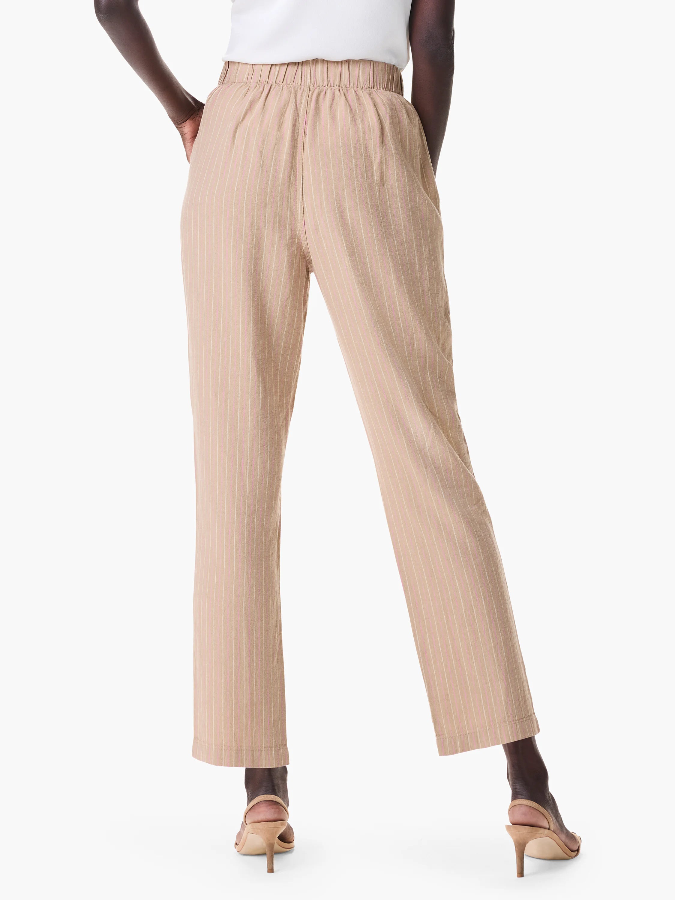Beige straight-leg pants with thin pink and white vertical stripes. Elastic waistband.