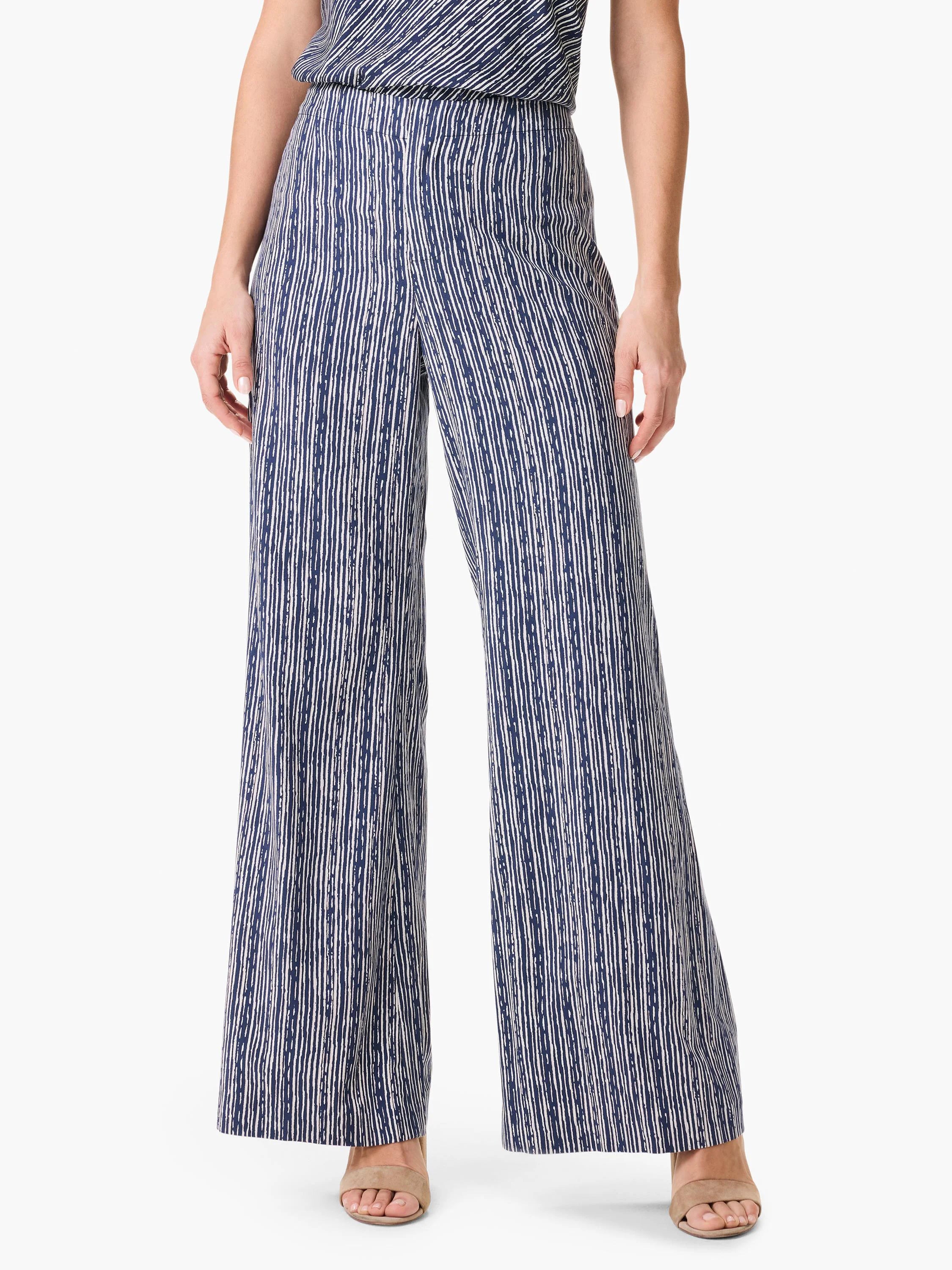 Wide-leg pants in navy blue and off-white vertical stripes. The stripes have a slightly textured appearance.