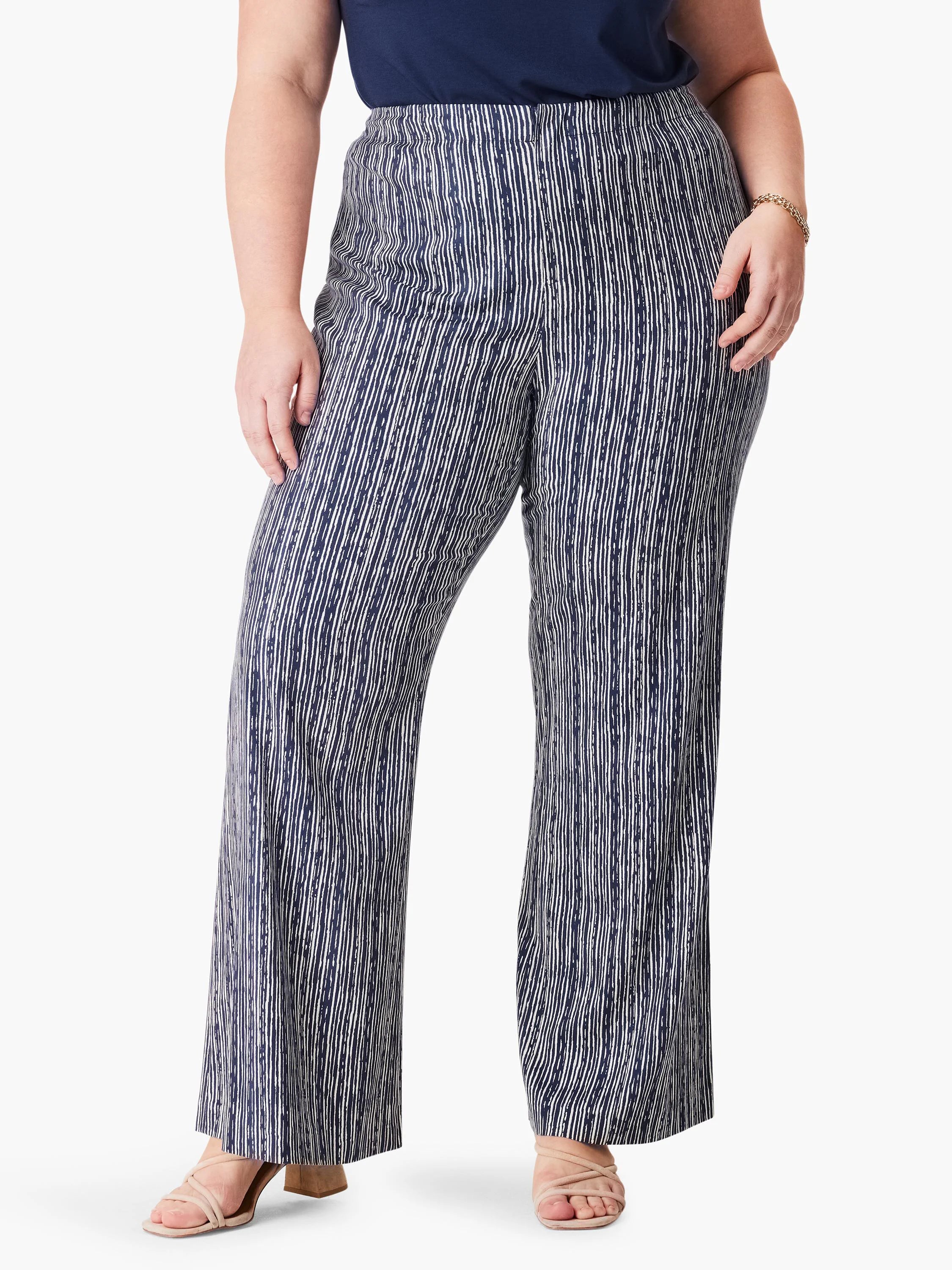 Wide-leg pants with navy and white vertical stripes.