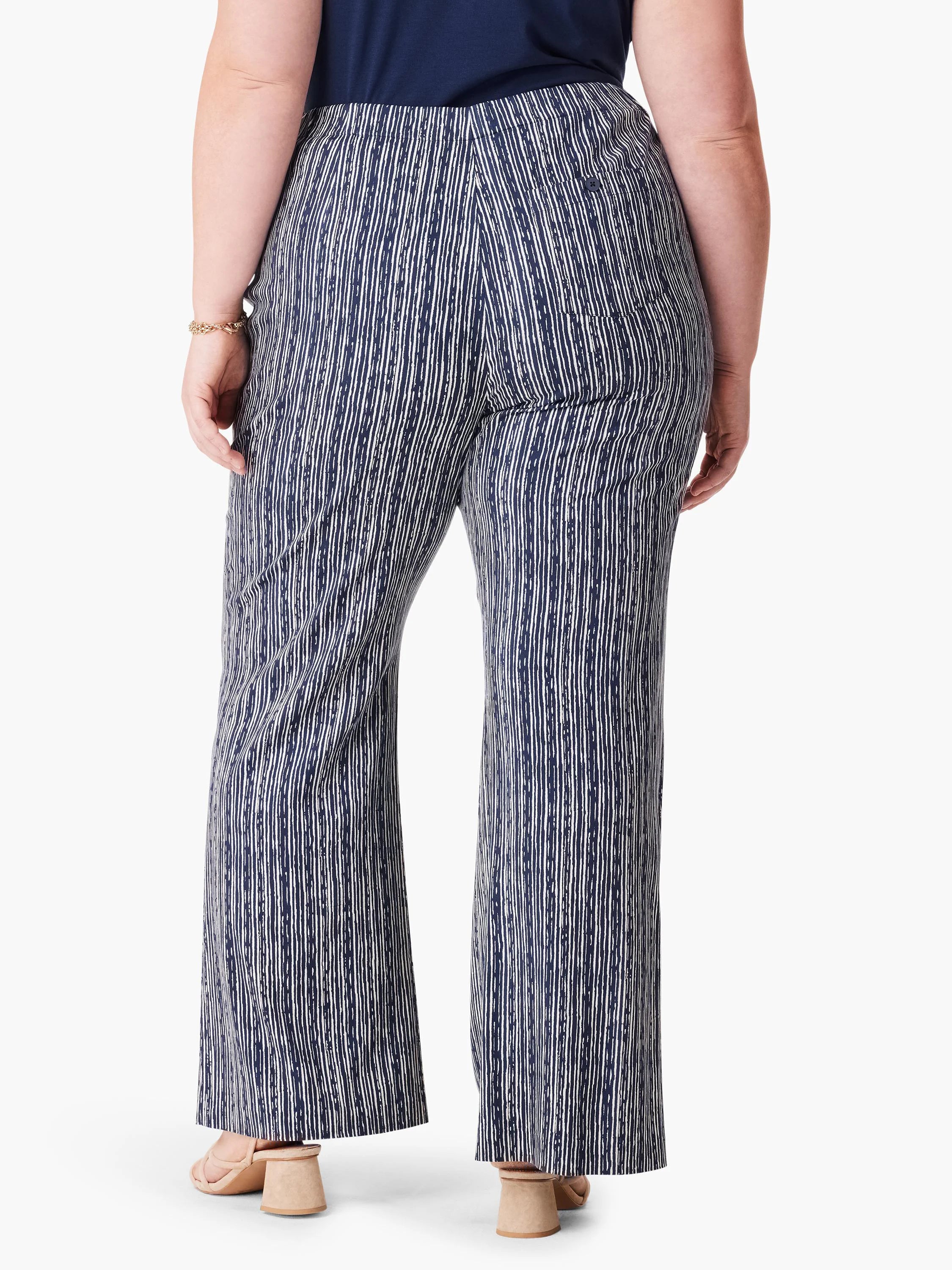 Wide-leg pants, navy blue with off-white vertical stripes, shown from the back.