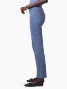 Slate blue straight leg pants, side view, with a wide waistband and a single back patch pocket.