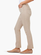Khaki mid-rise straight jeans with front and back pockets, featuring contrasting stitch details.