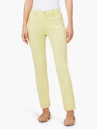 Pale yellow mid-rise straight jeans with prominent front patch pockets and matching stitching.
