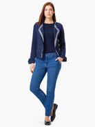 Medium blue straight ankle denim trousers. Smooth texture, standard front pockets, and belt loops.