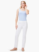 White straight ankle denim trousers with frayed hems.